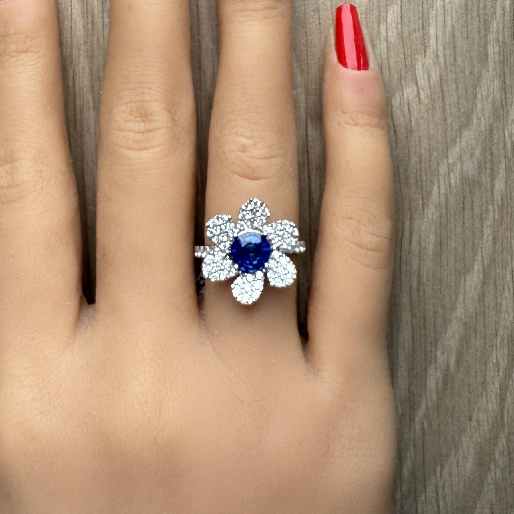 Natural Blue Round Sapphire and White Diamond 2.25 Carat TW Gold Cocktail Ring