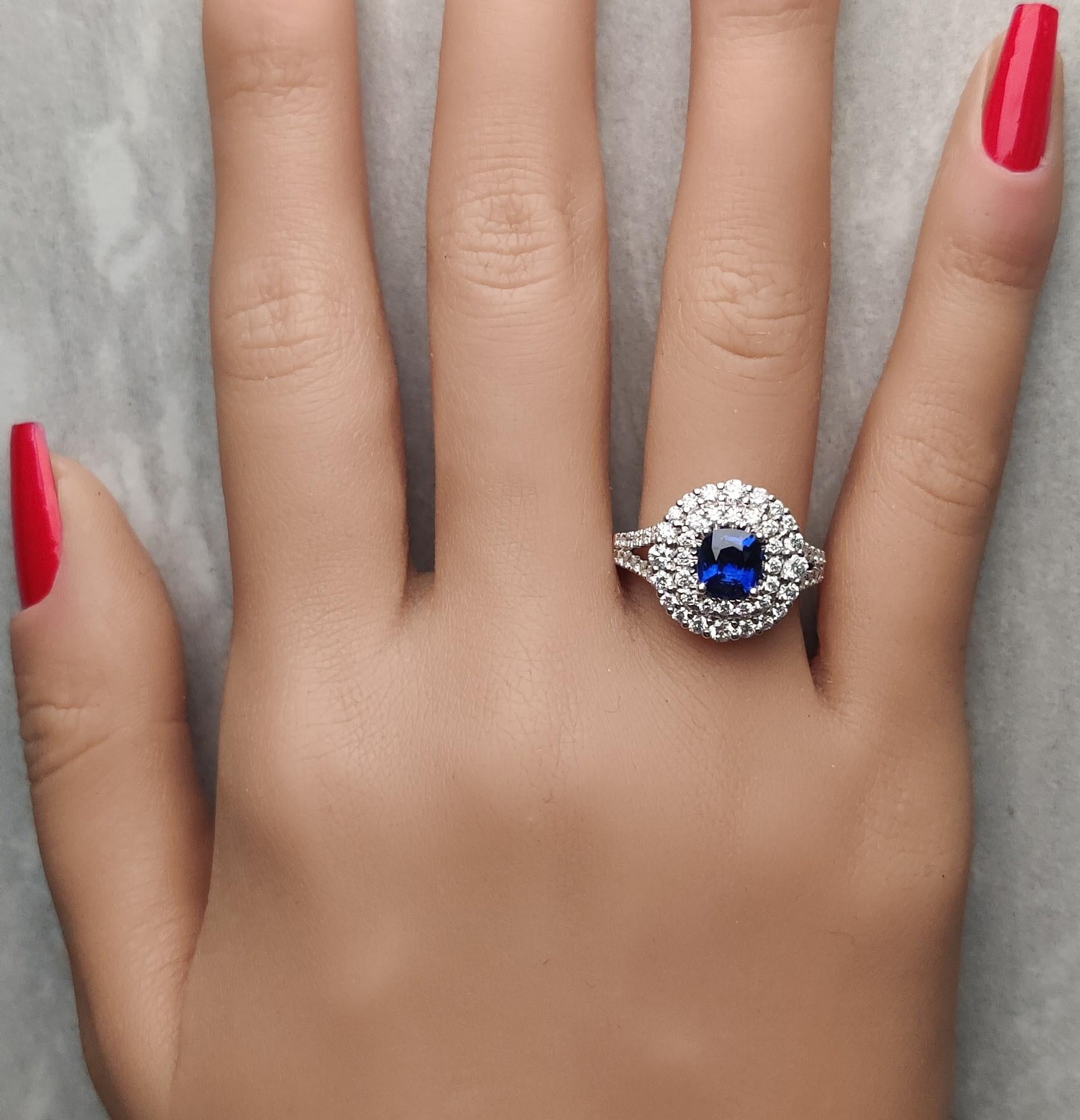 Natural Blue Cushion Sapphire and White Diamond 2.40 Carat TW Gold Cocktail Ring