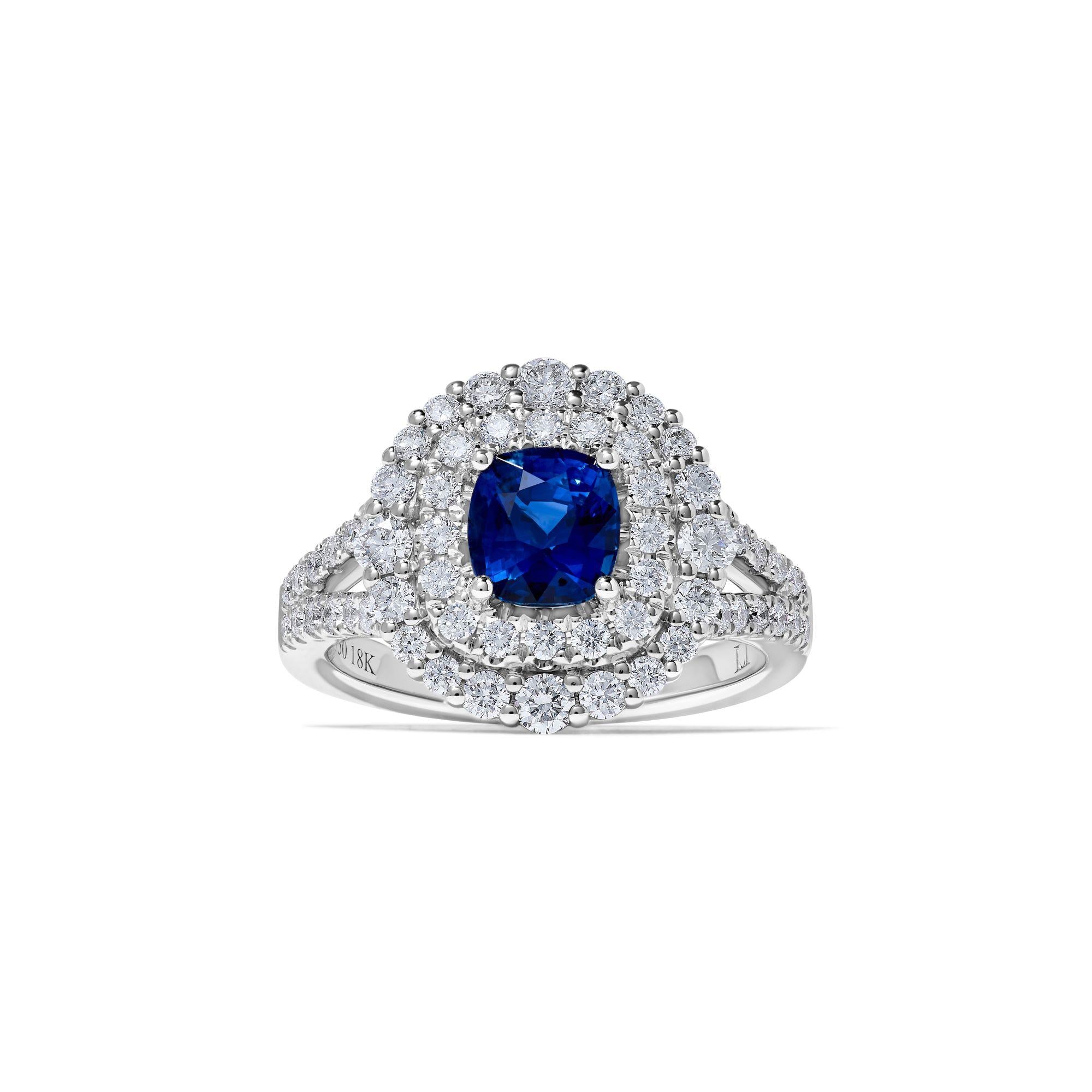 Natural Blue Cushion Sapphire and White Diamond 2.40 Carat TW Gold Cocktail Ring