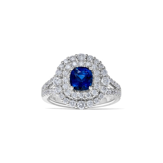 Natural Blue Cushion Sapphire and White Diamond 2.40 Carat TW Gold Cocktail Ring