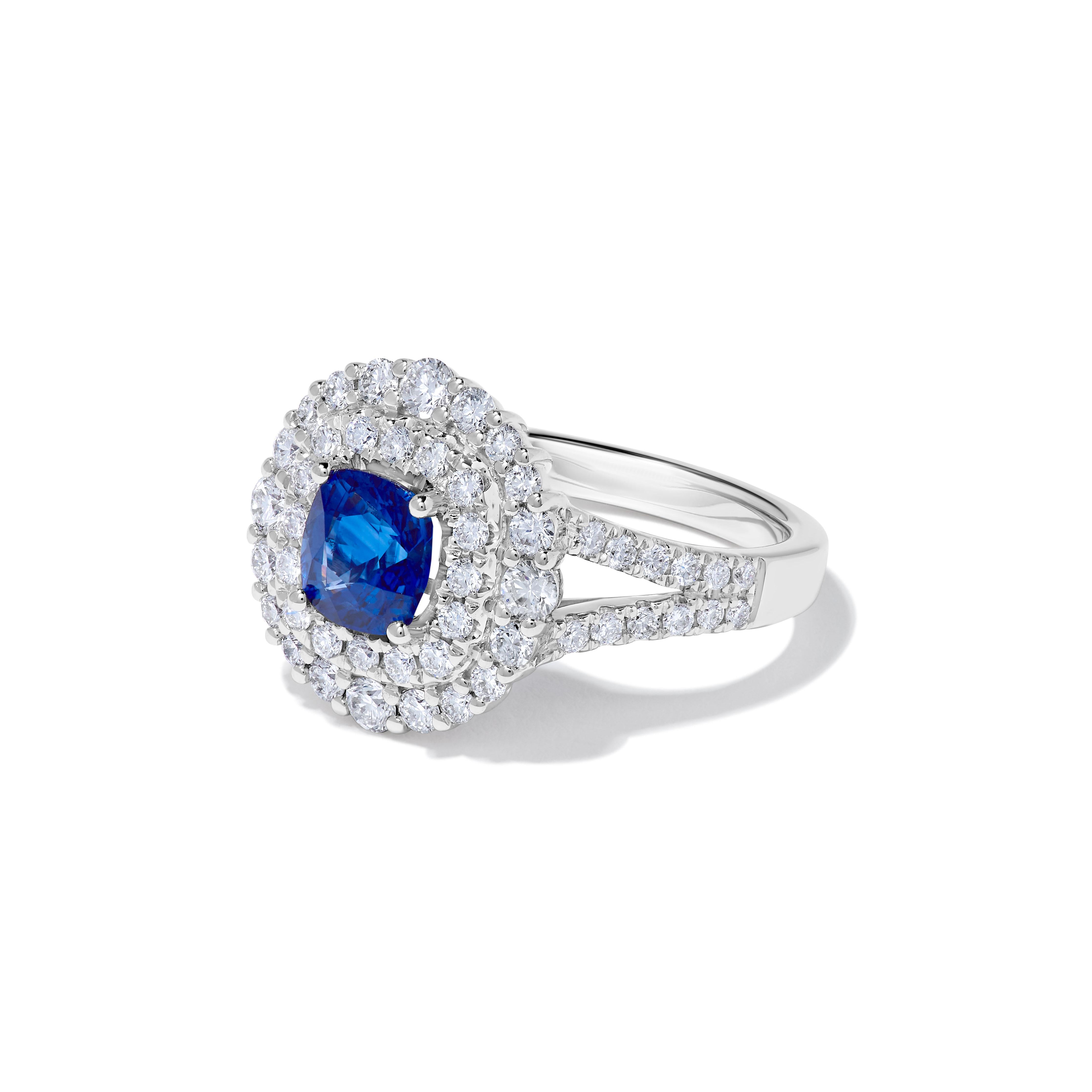 Natural Blue Cushion Sapphire and White Diamond 2.40 Carat TW Gold Cocktail Ring