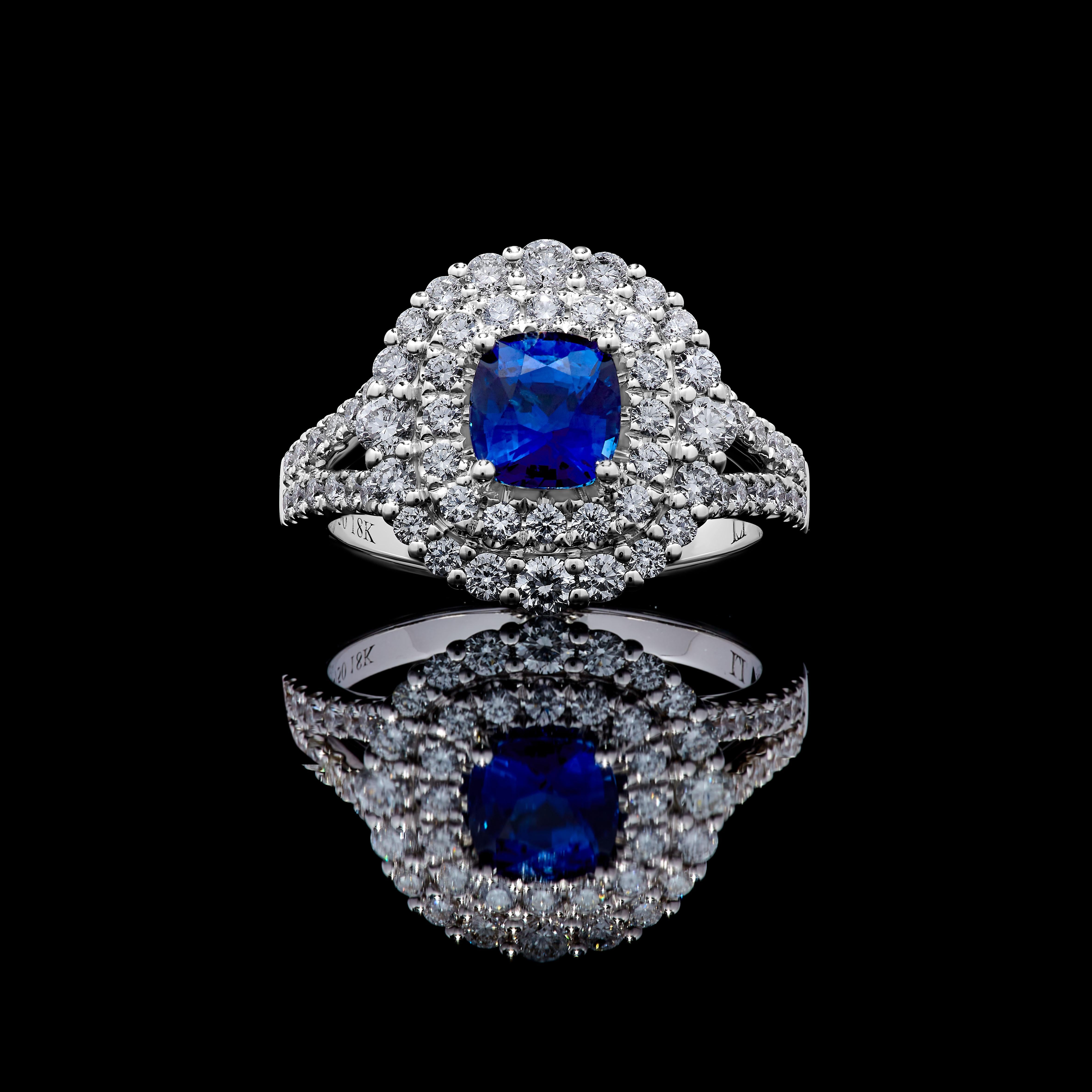 Natural Blue Cushion Sapphire and White Diamond 2.40 Carat TW Gold Cocktail Ring