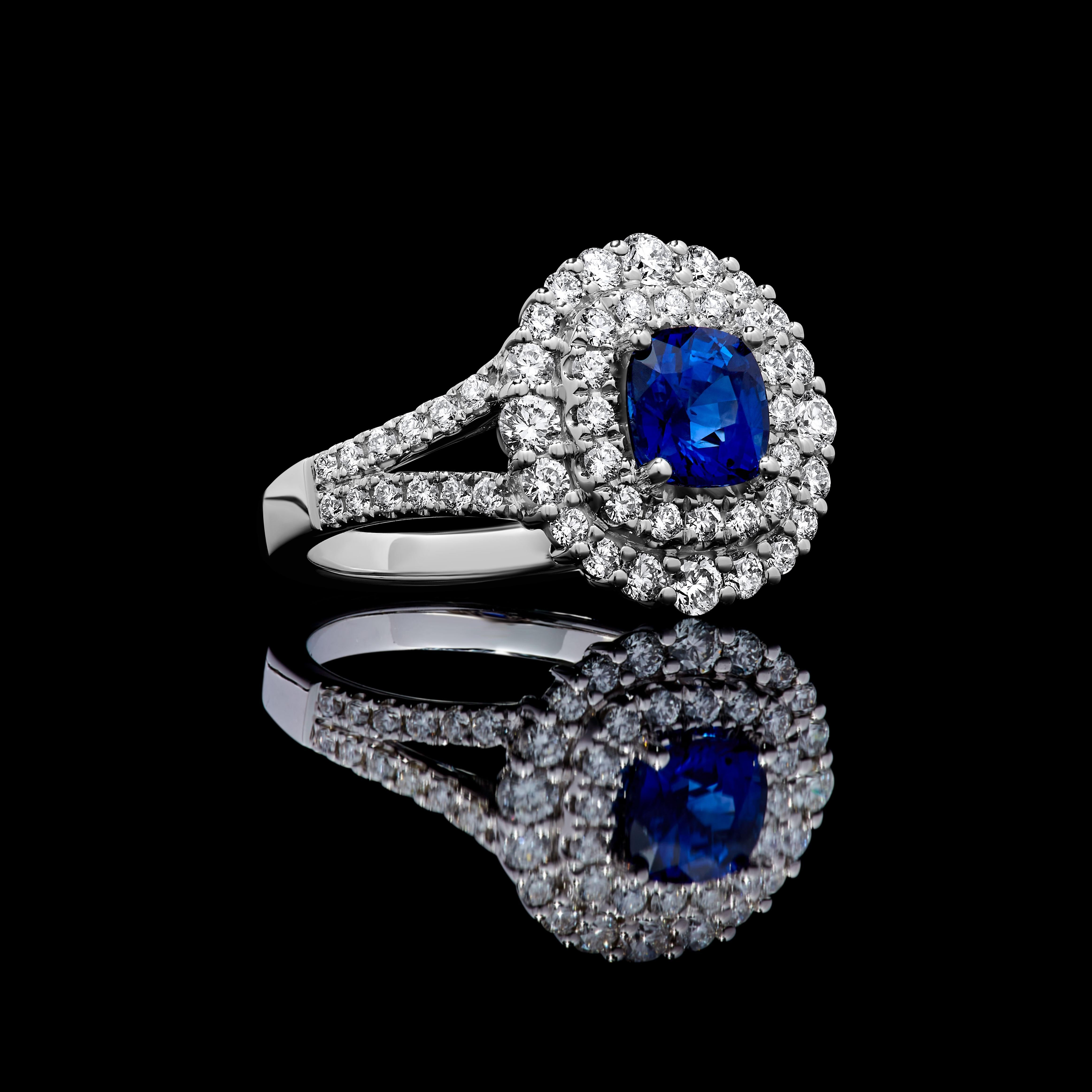 Natural Blue Cushion Sapphire and White Diamond 2.40 Carat TW Gold Cocktail Ring