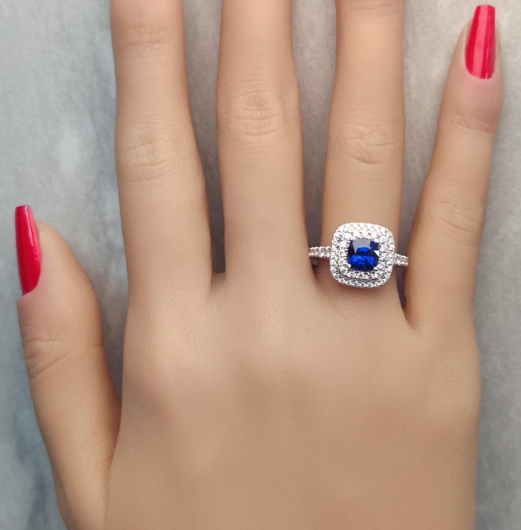 Natural Blue Cushion Sapphire and White Diamond 2.30 Carat TW Gold Cocktail Ring