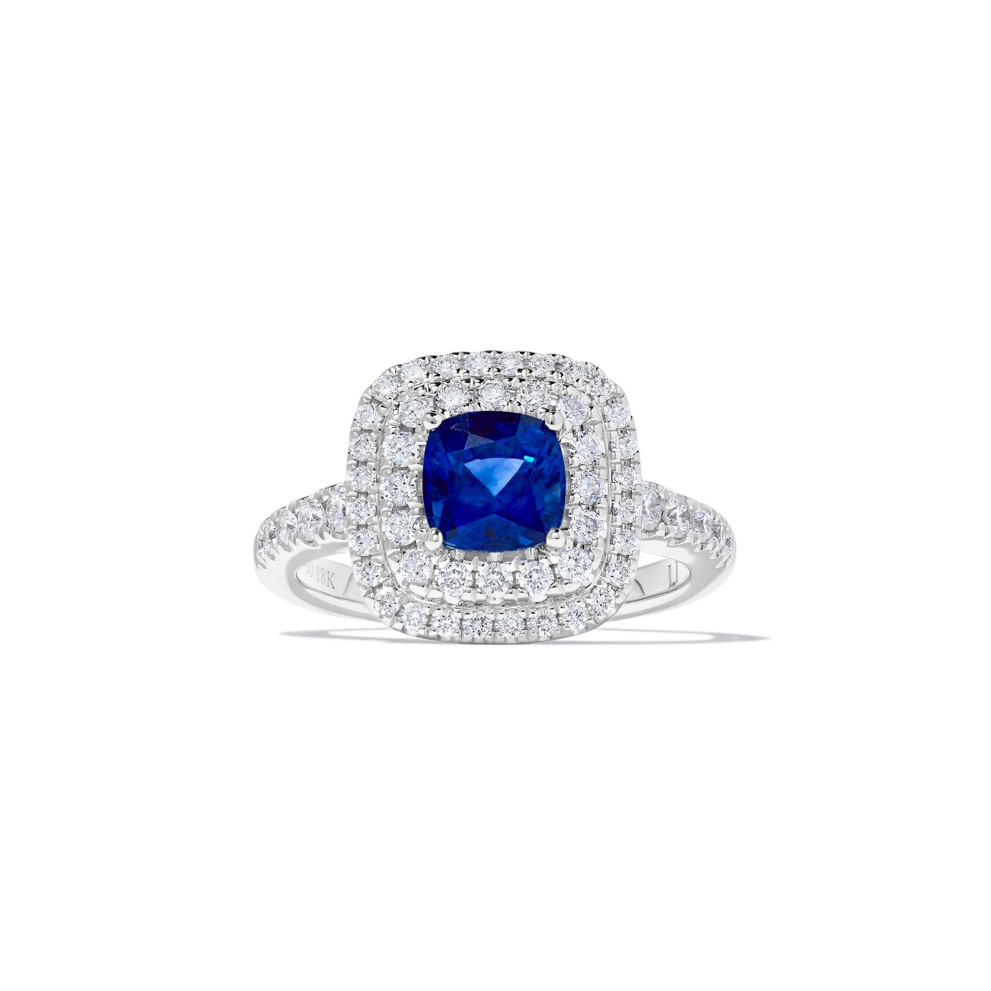 Natural Blue Cushion Sapphire and White Diamond 2.30 Carat TW Gold Cocktail Ring