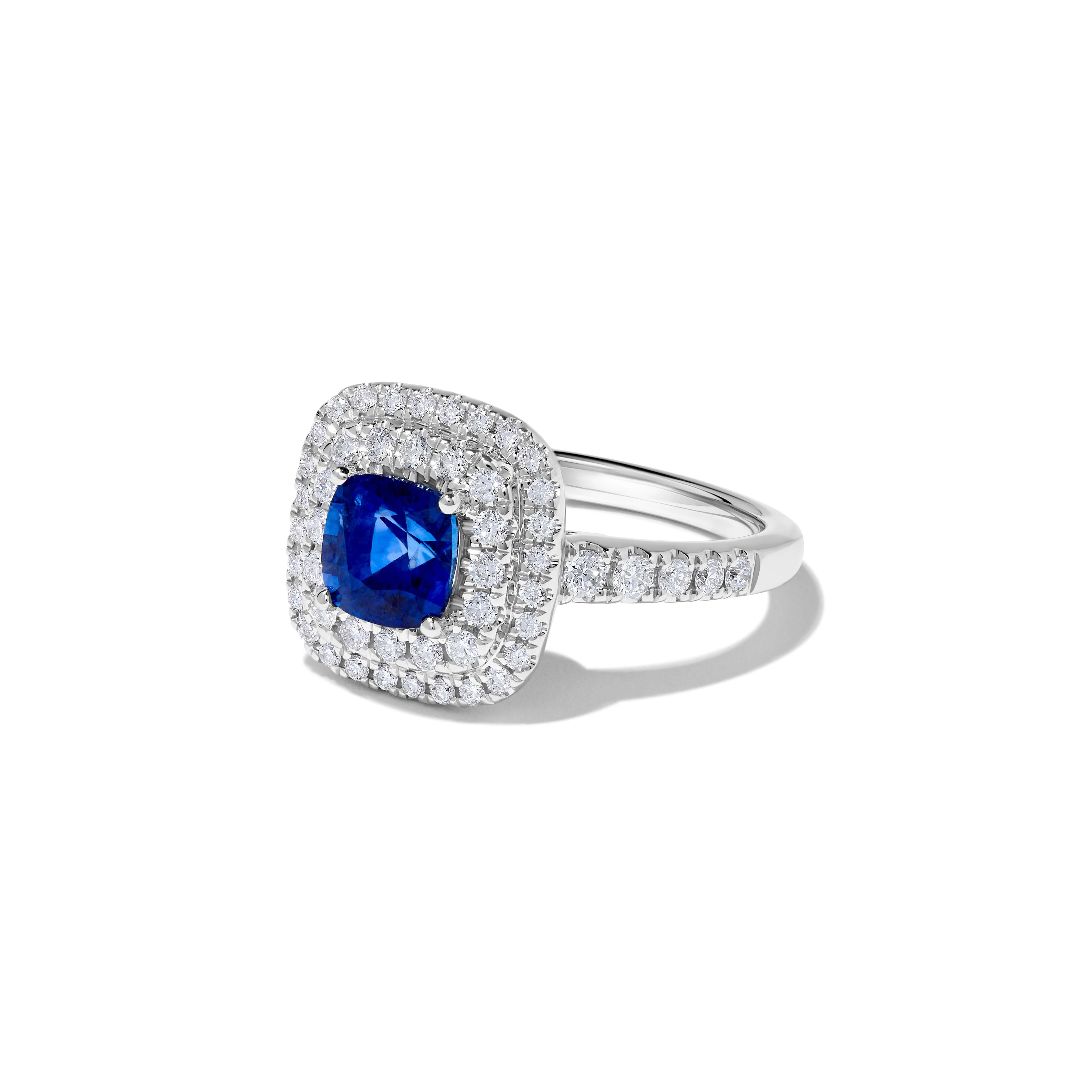 Natural Blue Cushion Sapphire and White Diamond 2.30 Carat TW Gold Cocktail Ring