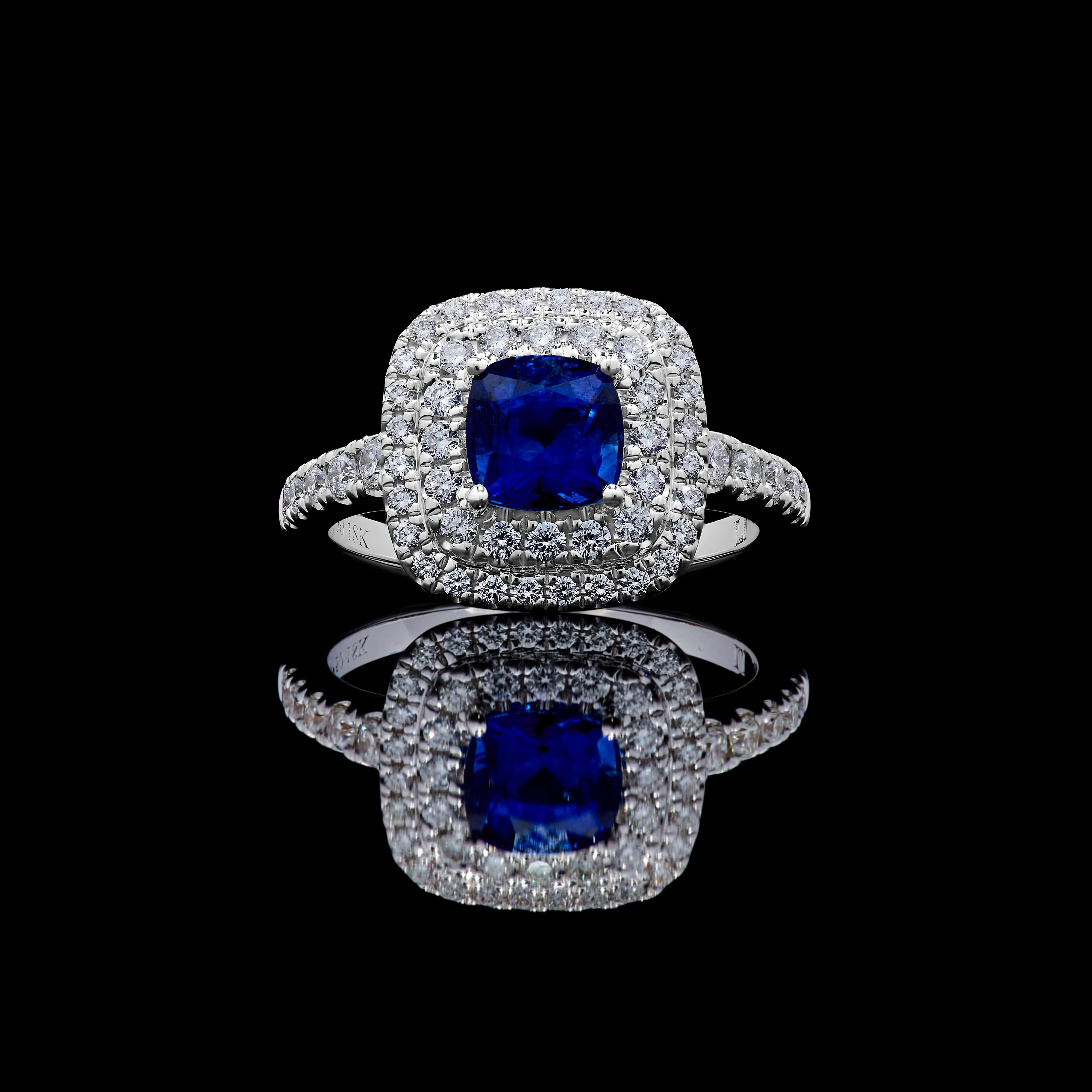 Natural Blue Cushion Sapphire and White Diamond 2.30 Carat TW Gold Cocktail Ring