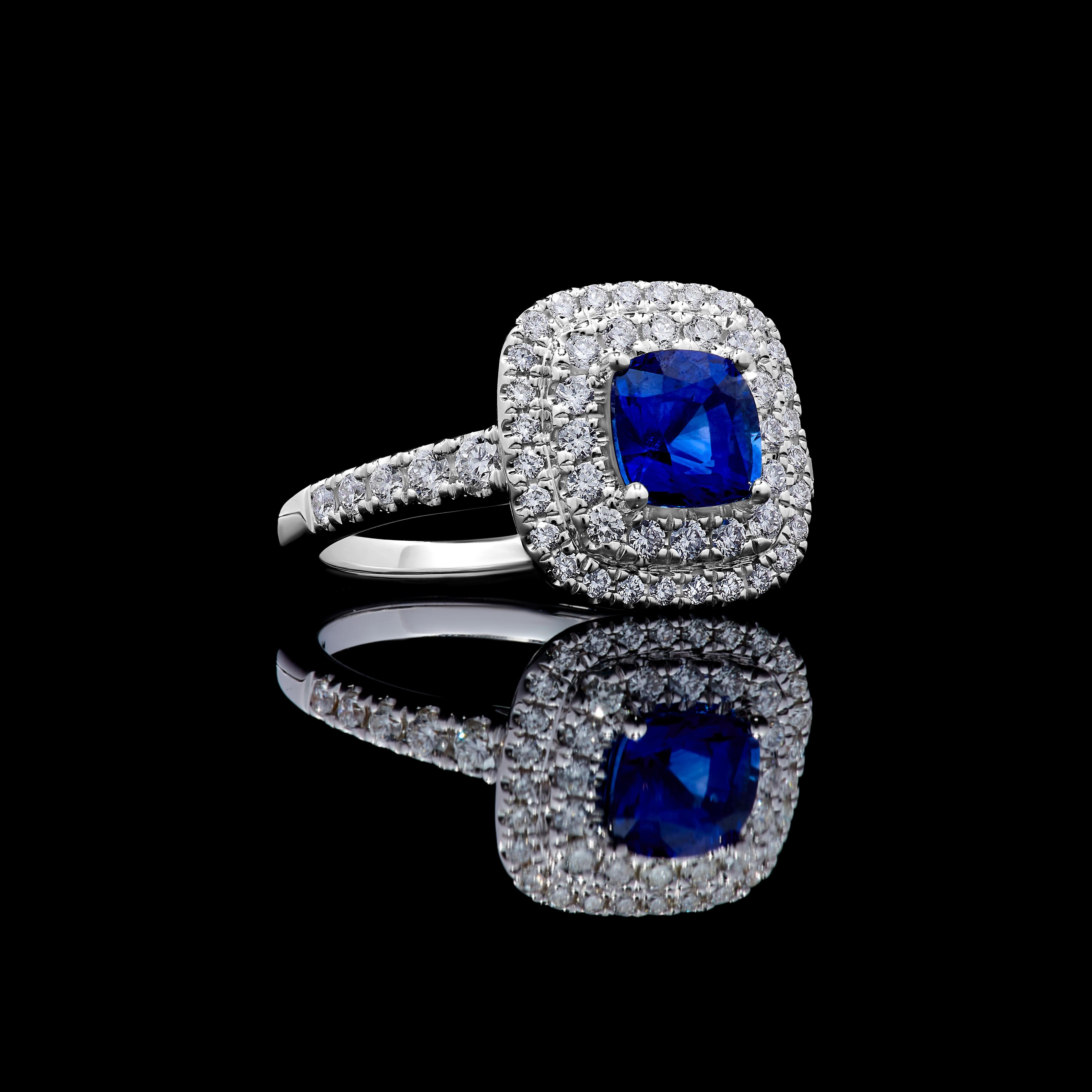 Natural Blue Cushion Sapphire and White Diamond 2.30 Carat TW Gold Cocktail Ring