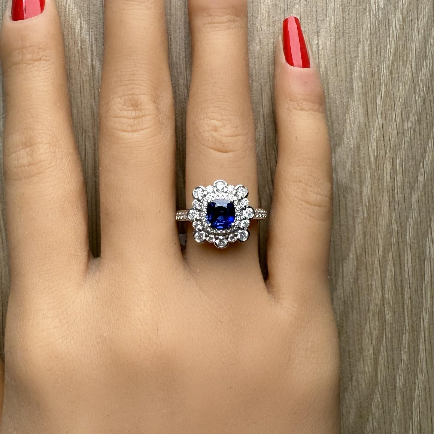 Natural Blue Cushion Sapphire and Diamond 2.03 Carat TW Gold Ring
