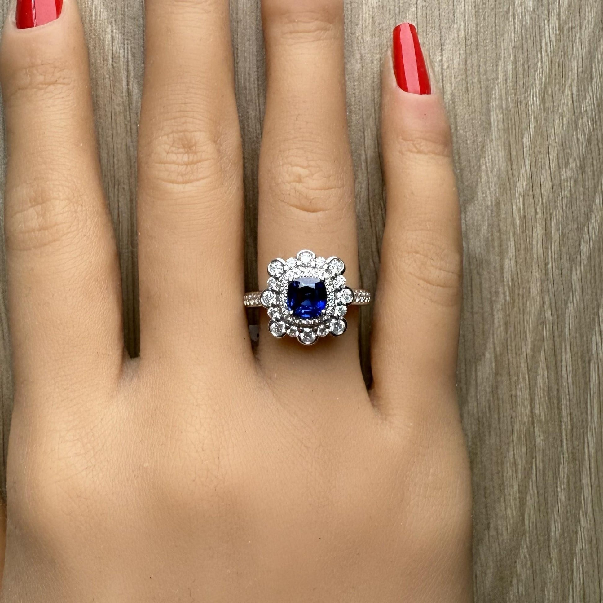 Natural Blue Cushion Sapphire and Diamond 2.03 Carat TW Gold Ring