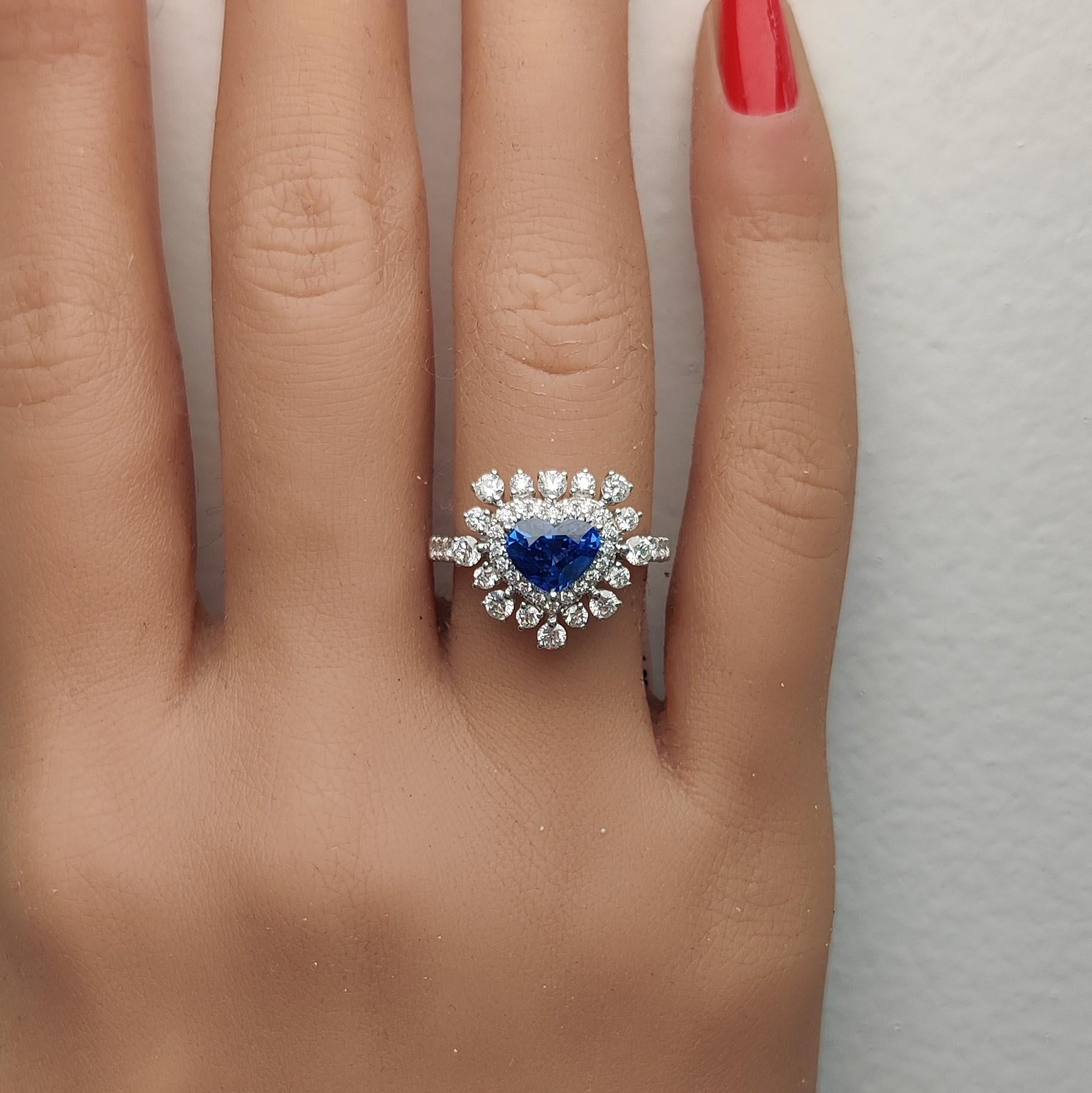 Natural Blue Heart Sapphire and White Diamond 2.36 Carat TW Gold Cocktail Ring