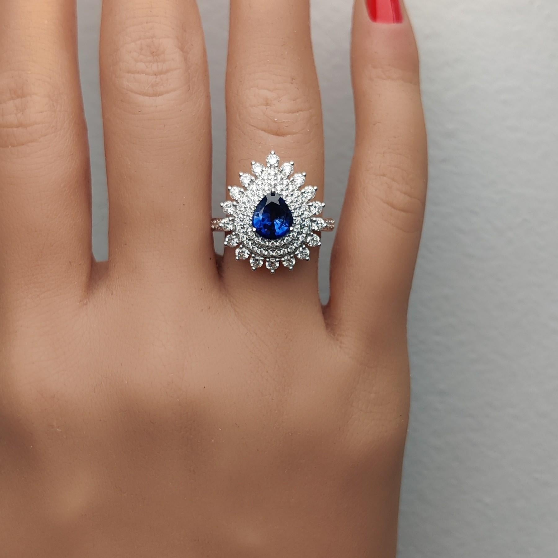 Natural Blue Pear Sapphire and White Diamond 2.62 Carat TW Gold Cocktail Ring