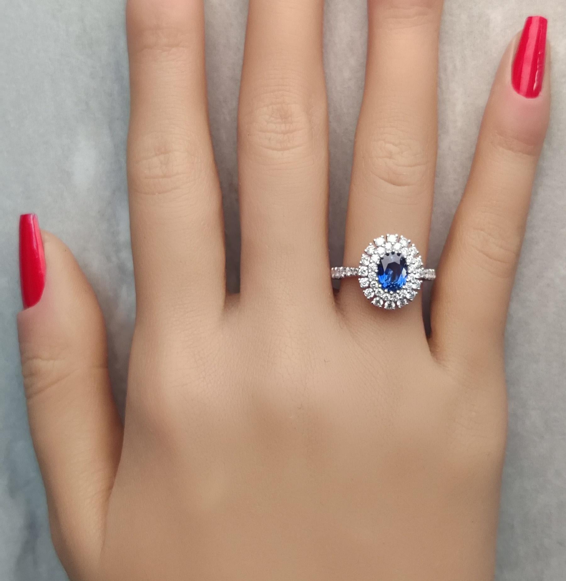 Natural Blue Oval Sapphire and White Diamond 1.85 Carat TW Gold Cocktail Ring