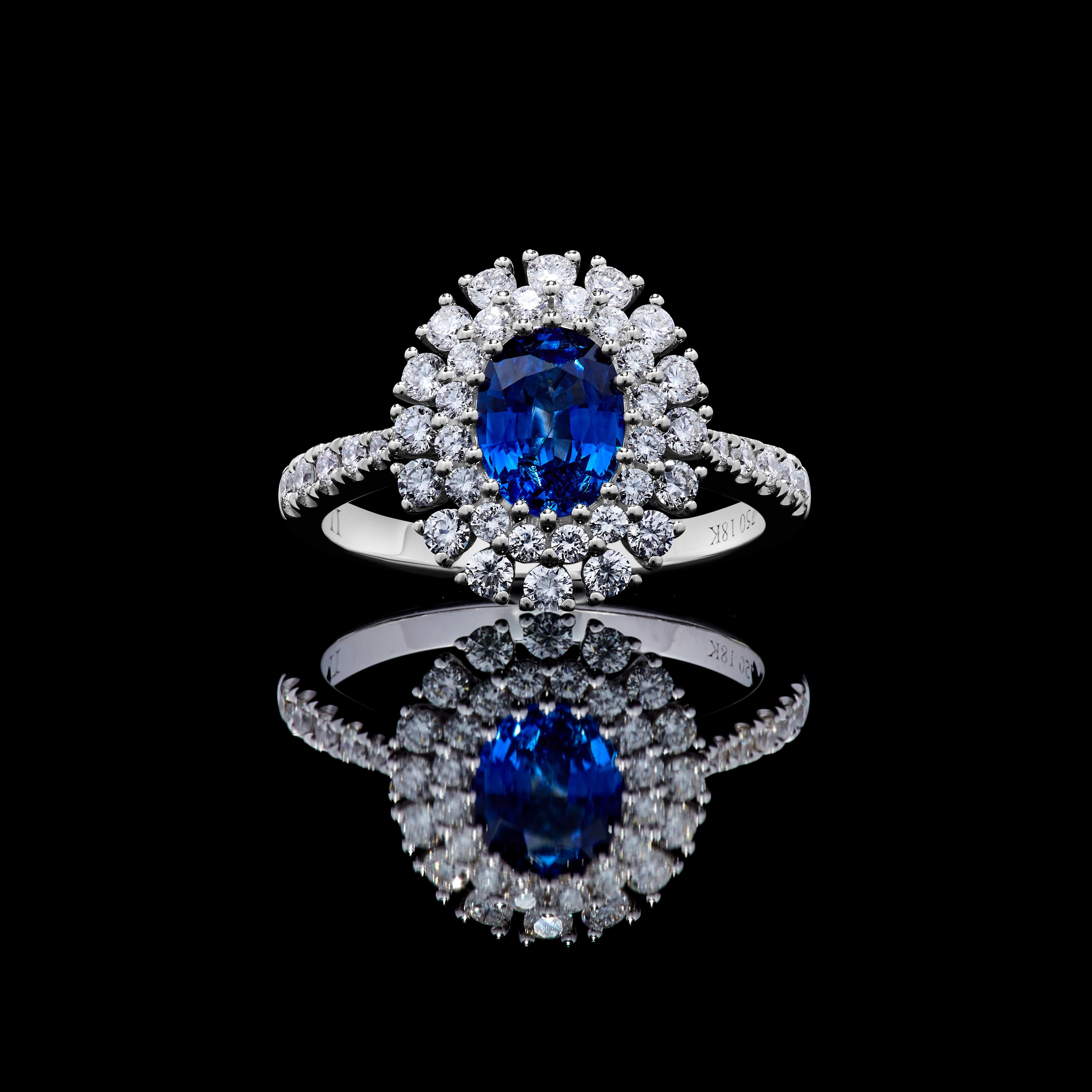 Natural Blue Oval Sapphire and White Diamond 1.85 Carat TW Gold Cocktail Ring