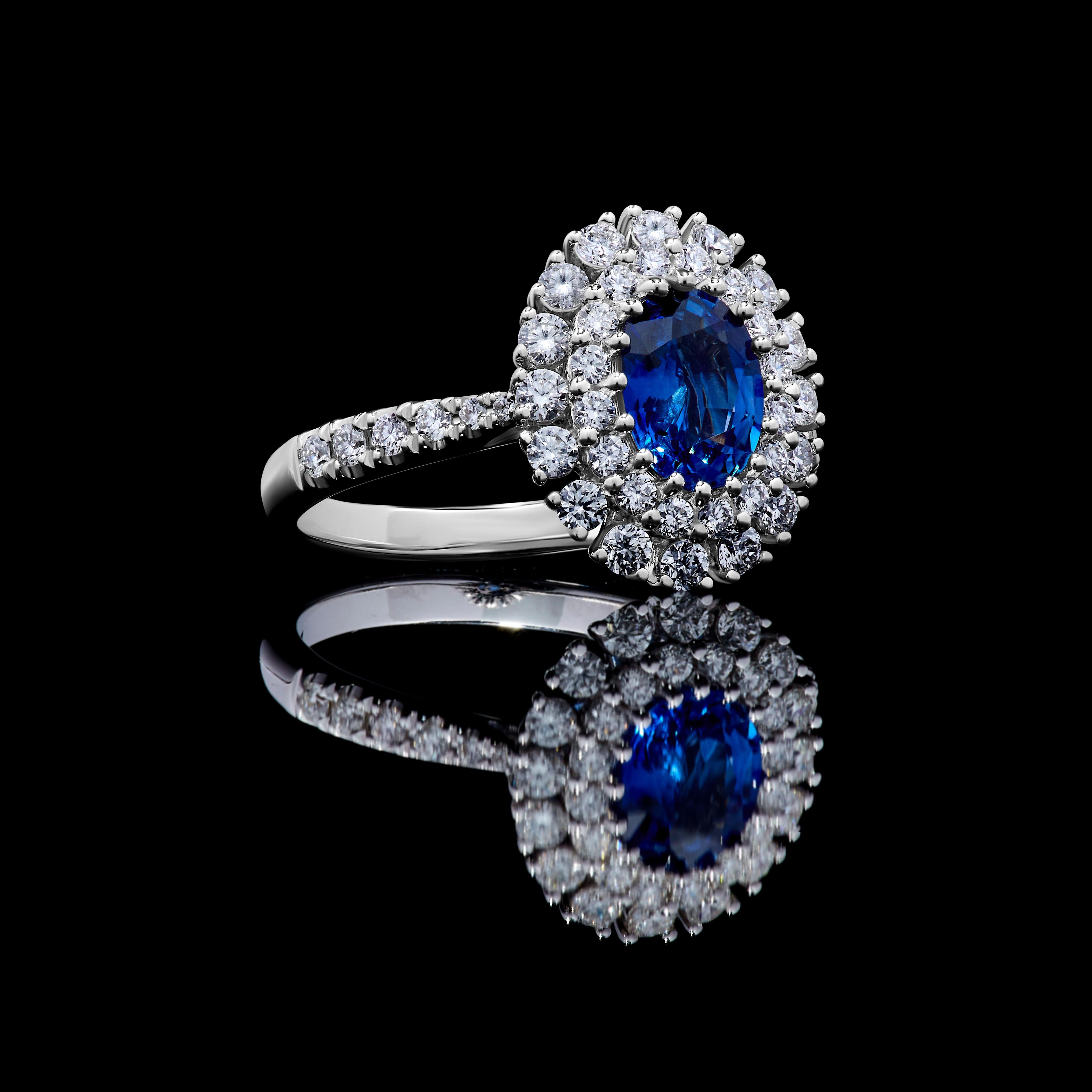 Natural Blue Oval Sapphire and White Diamond 1.85 Carat TW Gold Cocktail Ring