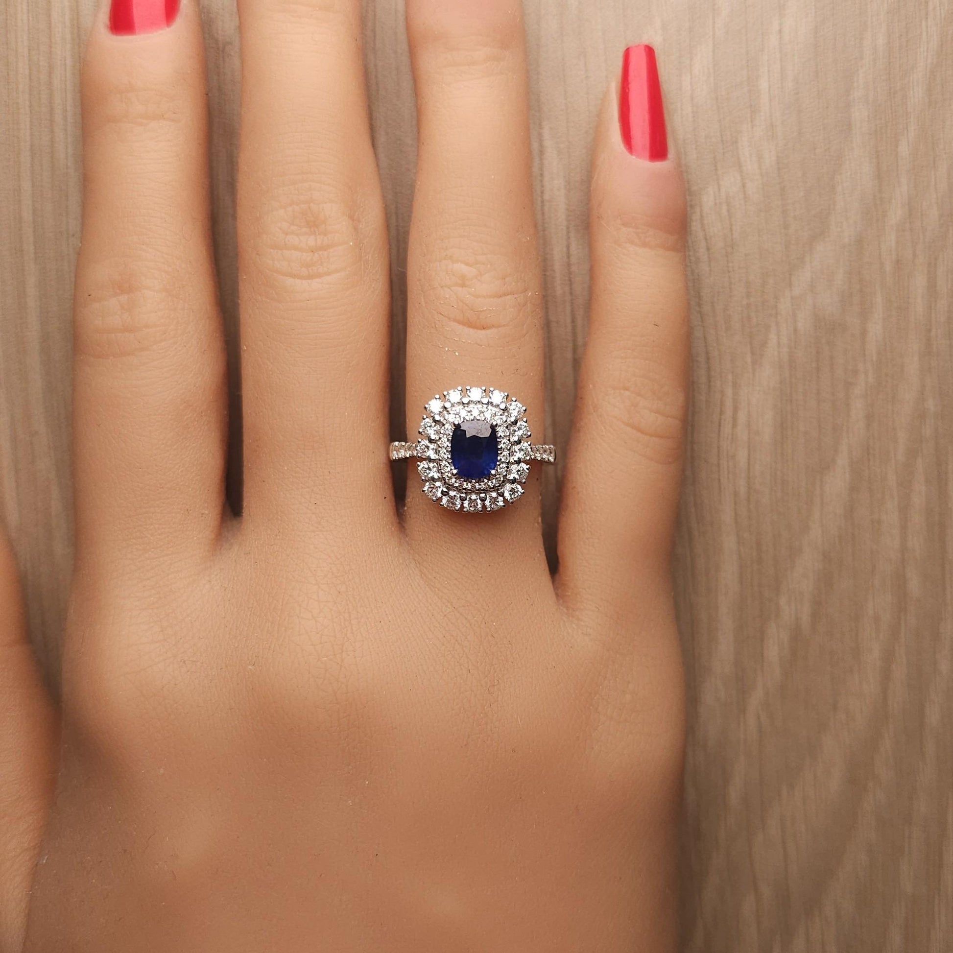 Natural Blue Cushion Sapphire and White Diamond 2.02 Carat TW Gold Cocktail Ring