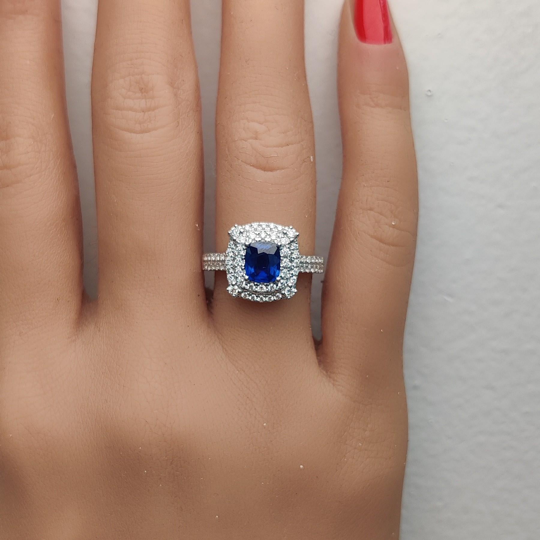 Natural Blue Cushion Sapphire and White Diamond 1.60 Carat TW Gold Cocktail Ring