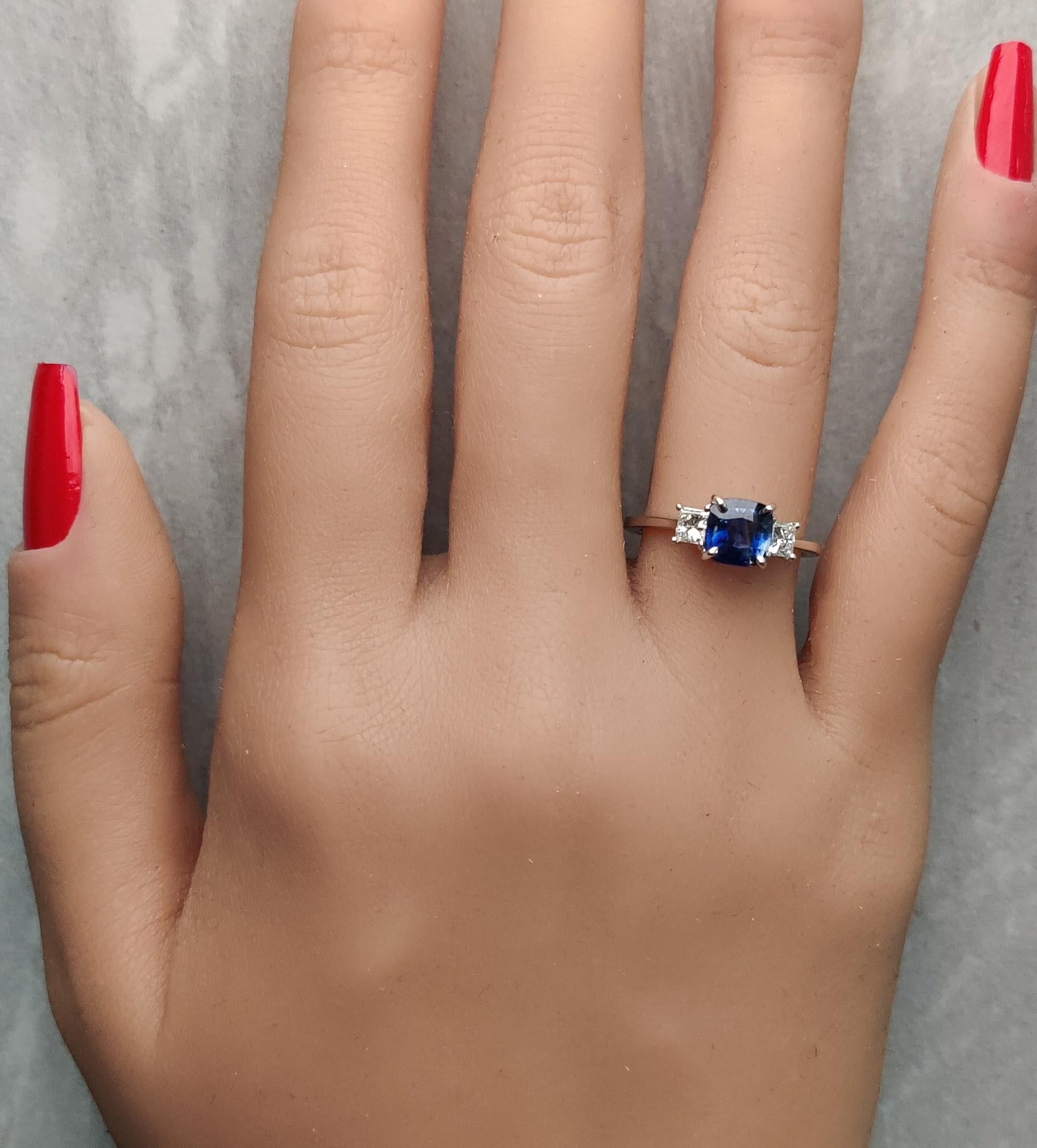 Natural Blue Cushion Sapphire and White Diamond 2.07 Carat TW Gold Cocktail Ring