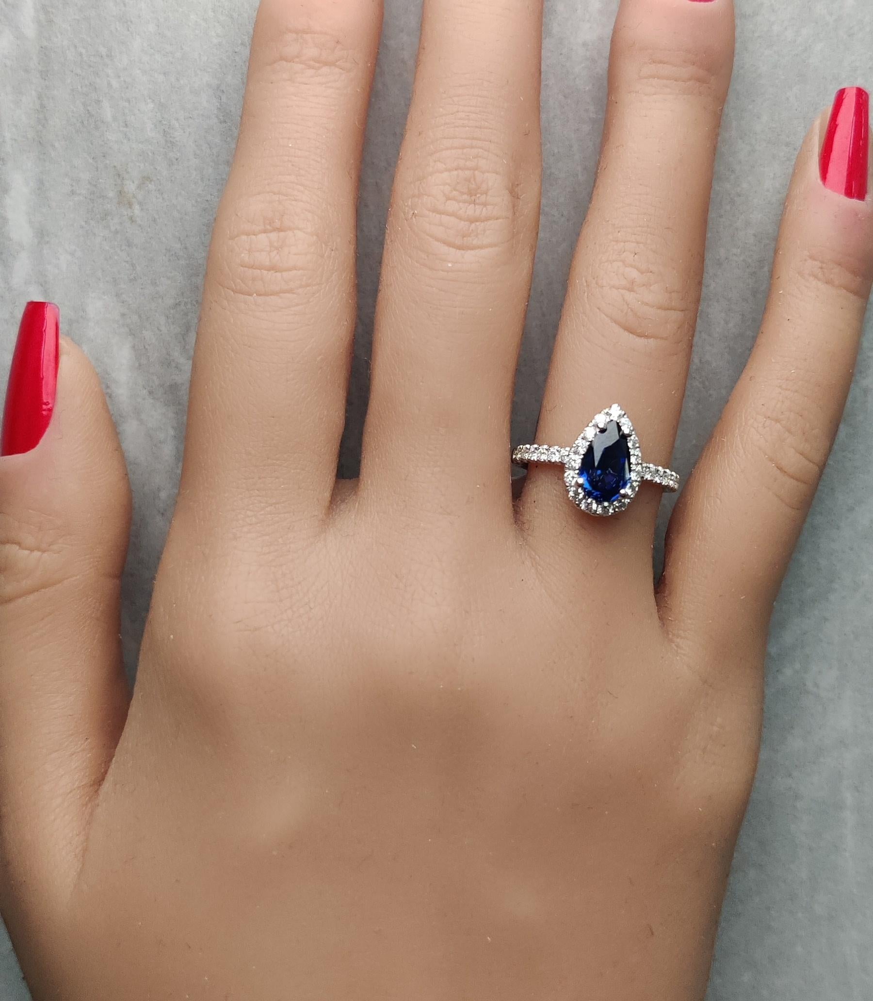 Natural Blue Pear Sapphire and White Diamond 2.01 Carat TW Gold Cocktail Ring