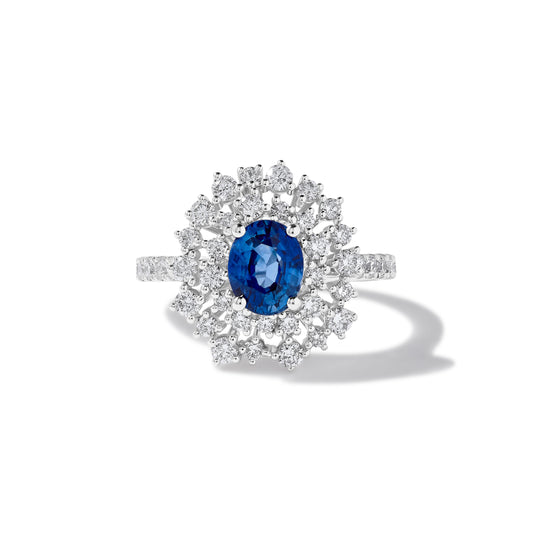 Natural Blue Oval Sapphire and White Diamond 2.86 Carat TW Gold Cocktail Ring