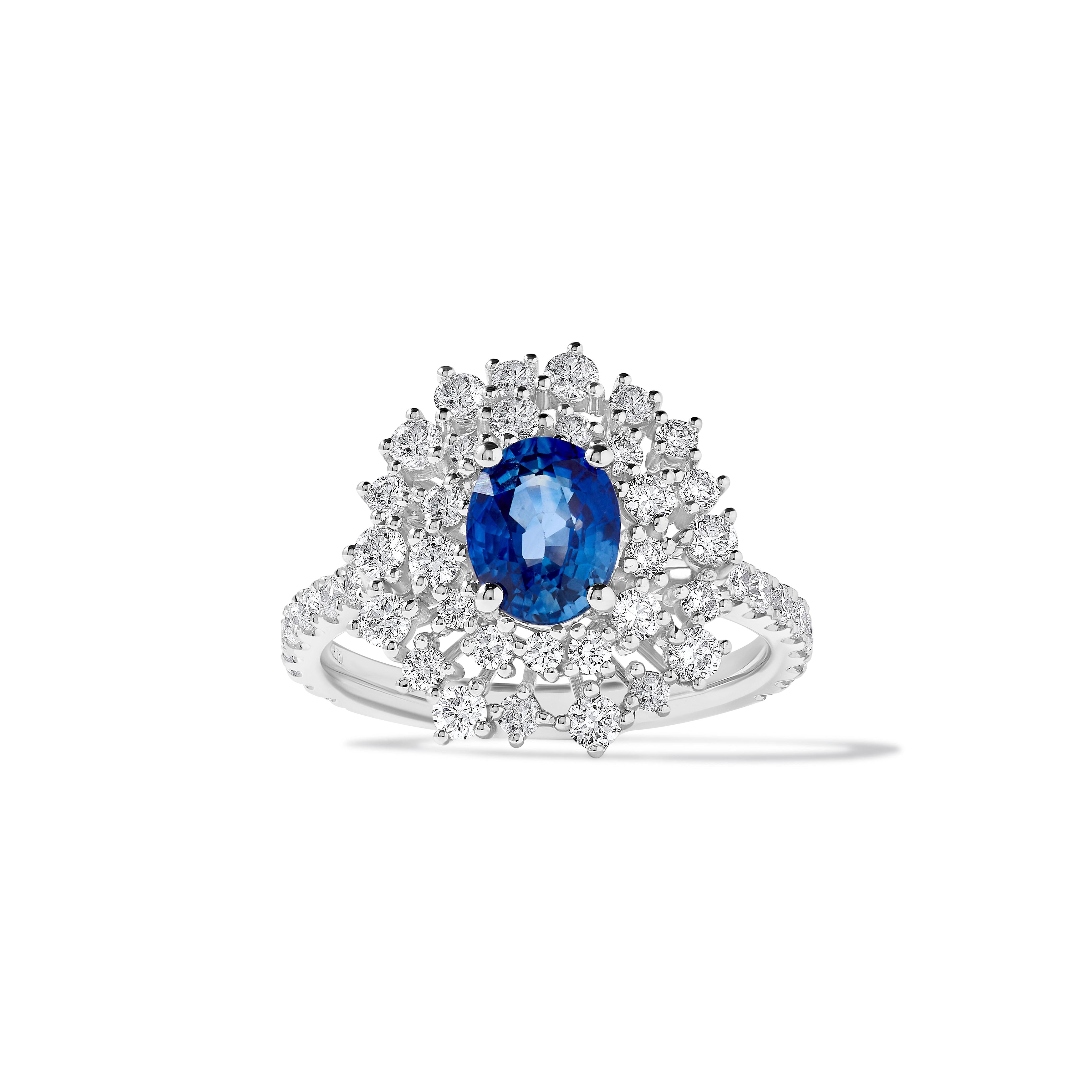 Natural Blue Oval Sapphire and White Diamond 2.86 Carat TW Gold Cocktail Ring