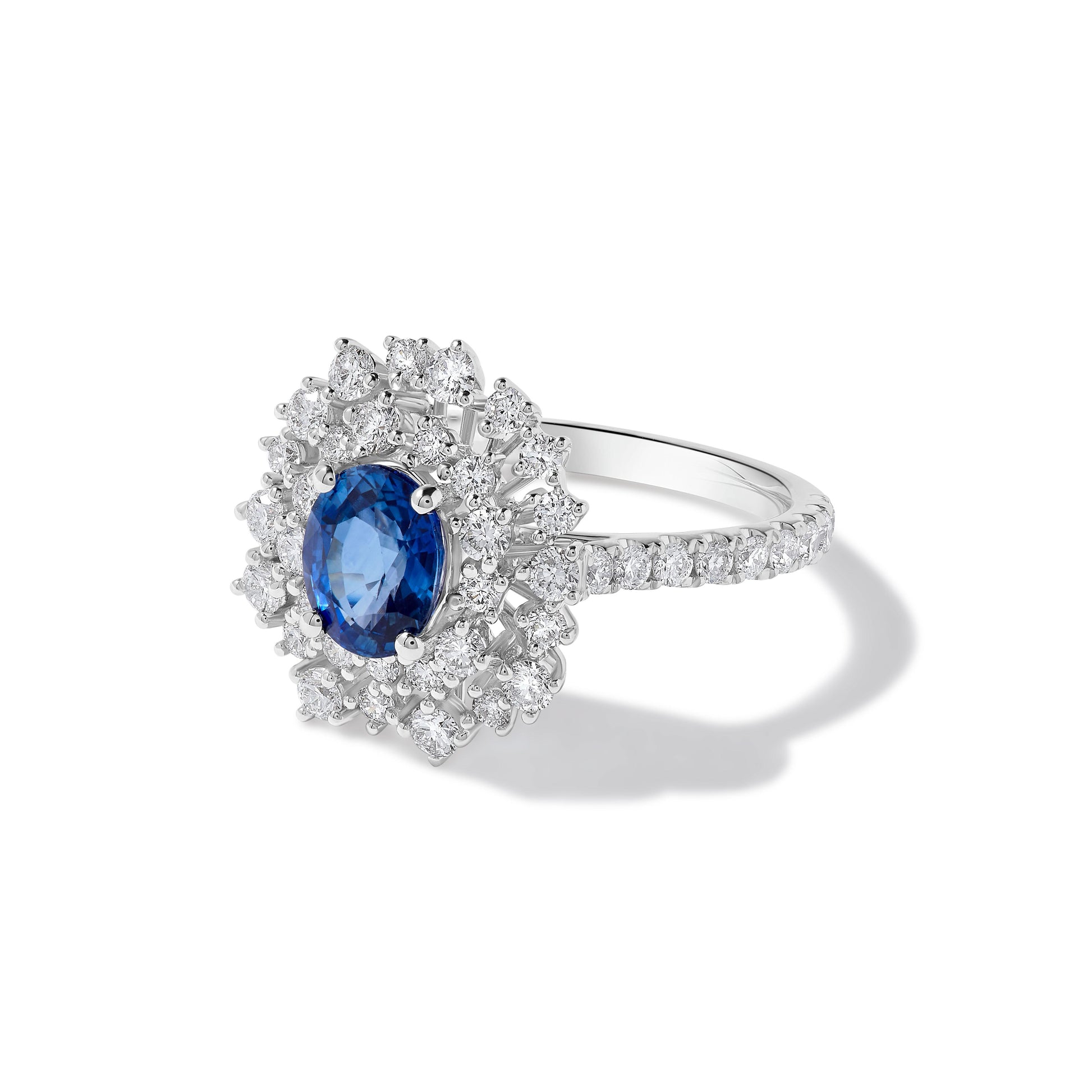 Natural Blue Oval Sapphire and White Diamond 2.86 Carat TW Gold Cocktail Ring
