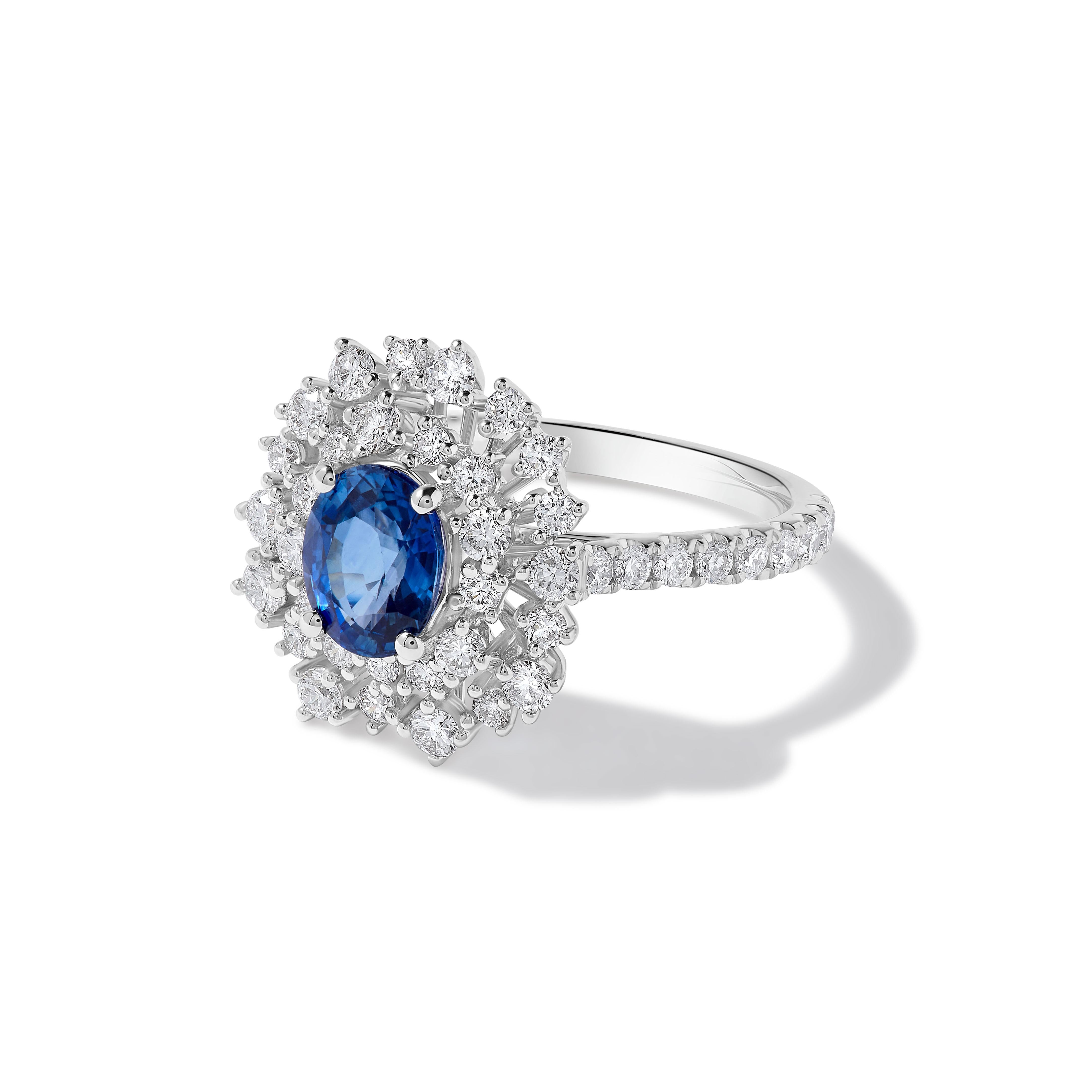 Natural Blue Oval Sapphire and White Diamond 2.86 Carat TW Gold Cocktail Ring