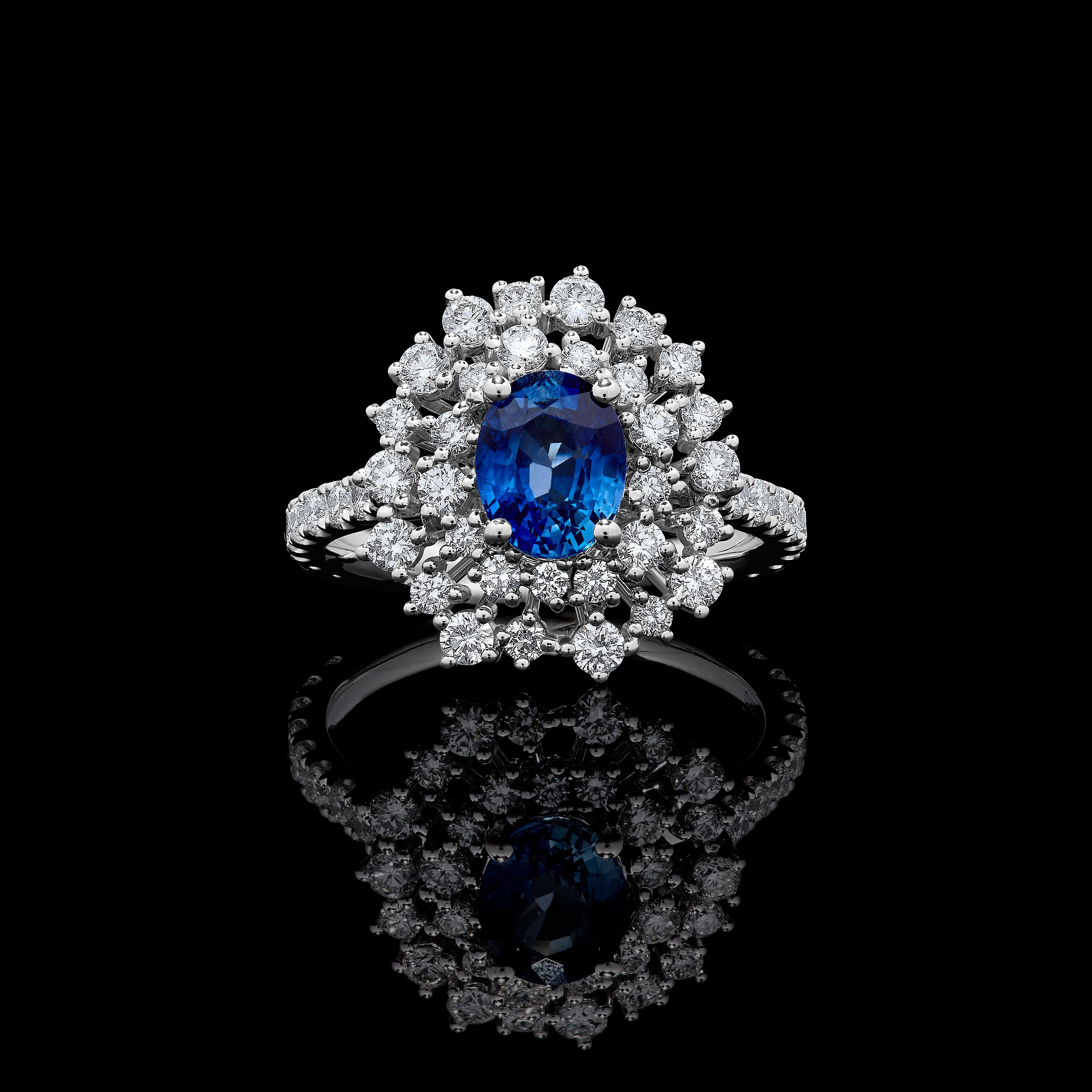 Natural Blue Oval Sapphire and White Diamond 2.86 Carat TW Gold Cocktail Ring