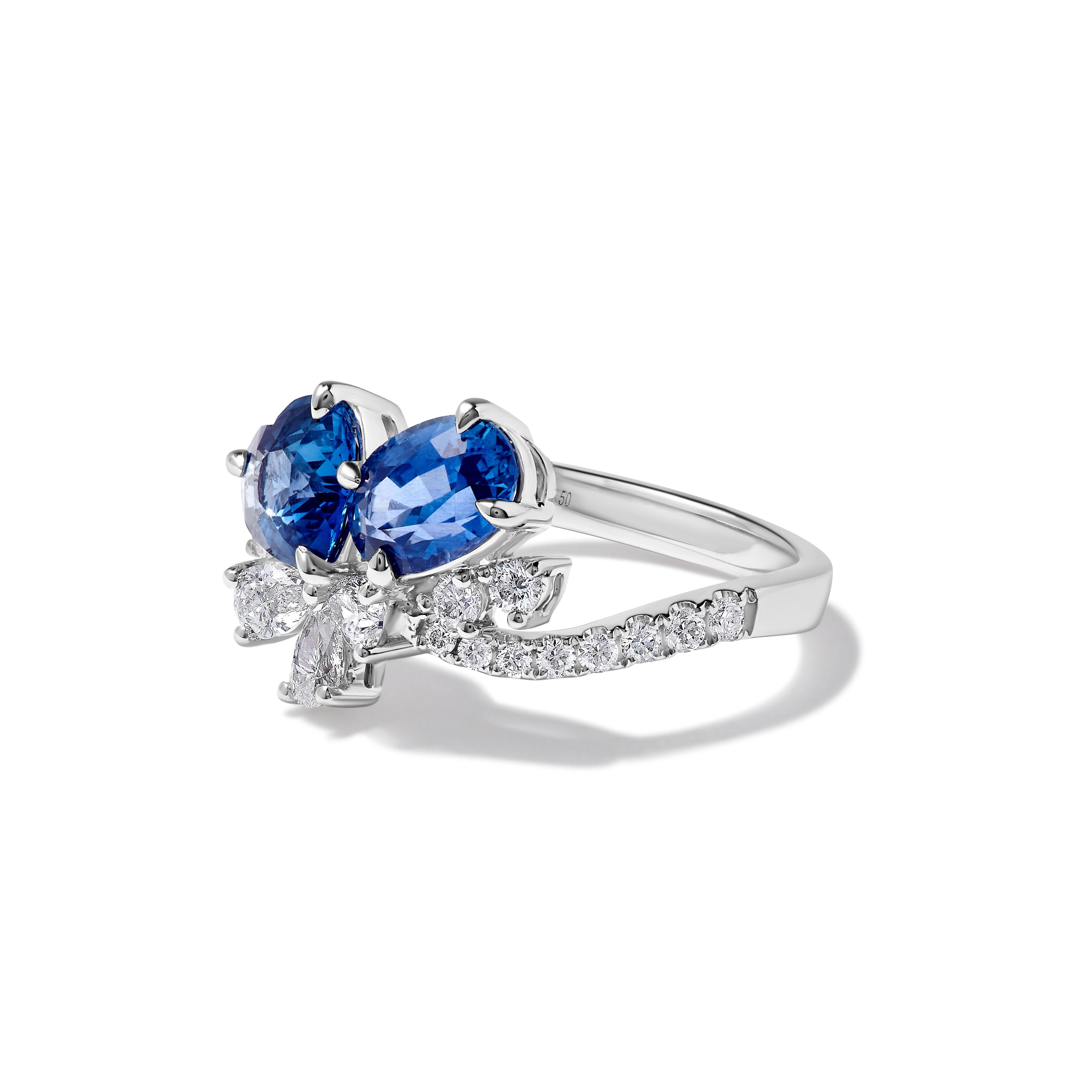 Natural Blue Heart Sapphire and White Diamond 3.22 Carat TW Gold Cocktail Ring