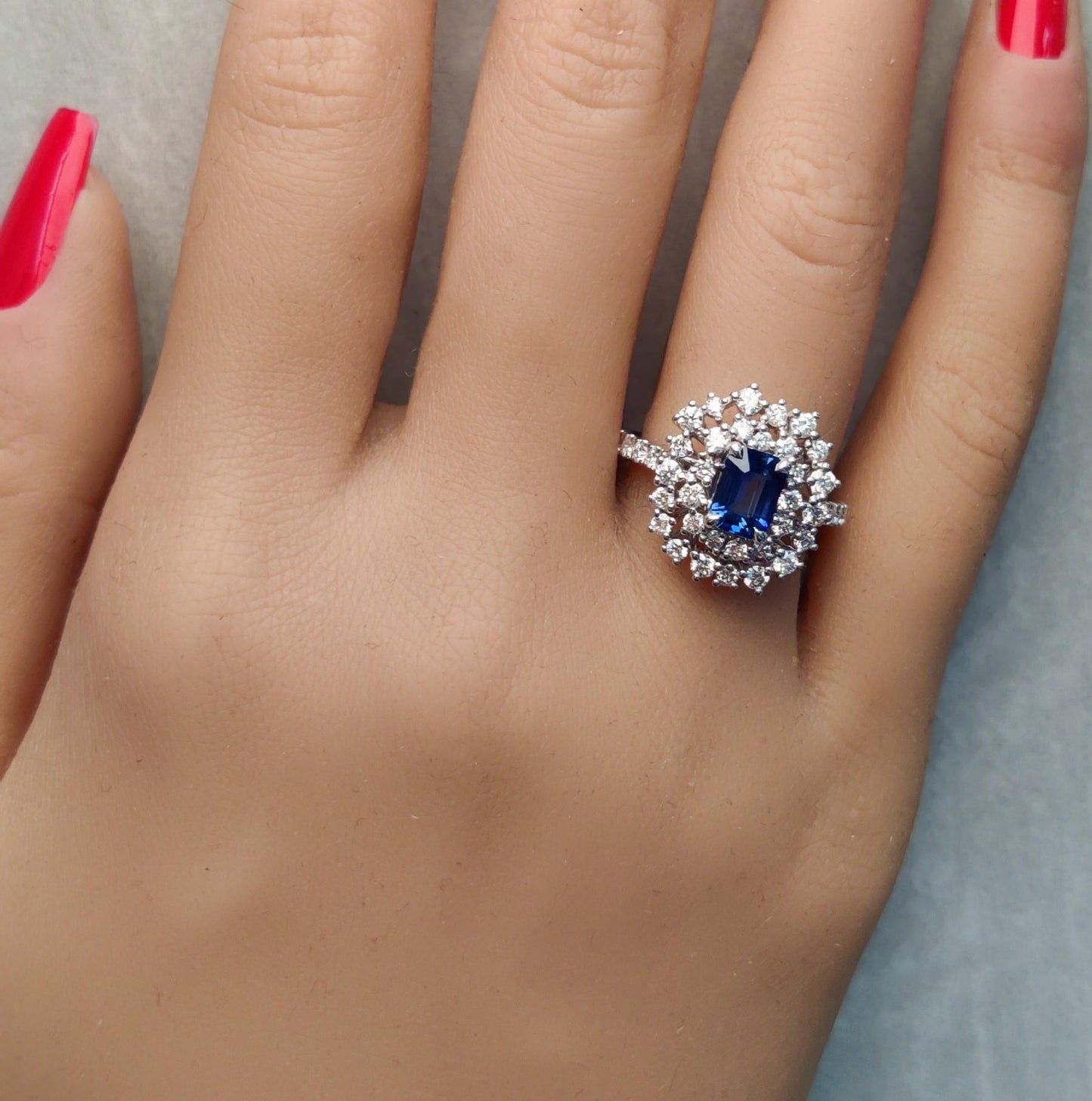 Natural Blue Radiant Sapphire and White Diamond 2.28 Carat TW Gold Cocktail Ring