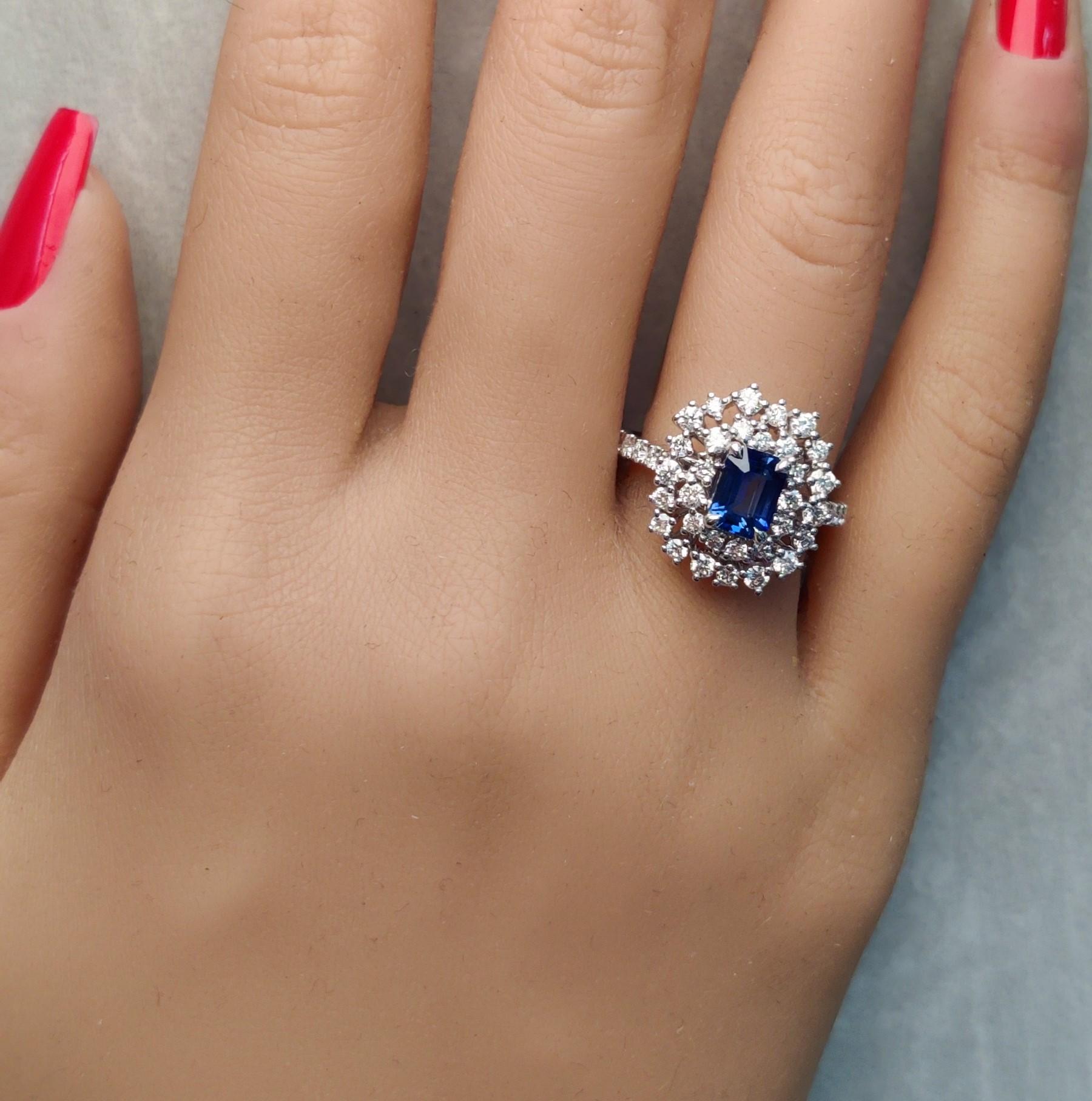 Natural Blue Radiant Sapphire and White Diamond 2.28 Carat TW Gold Cocktail Ring