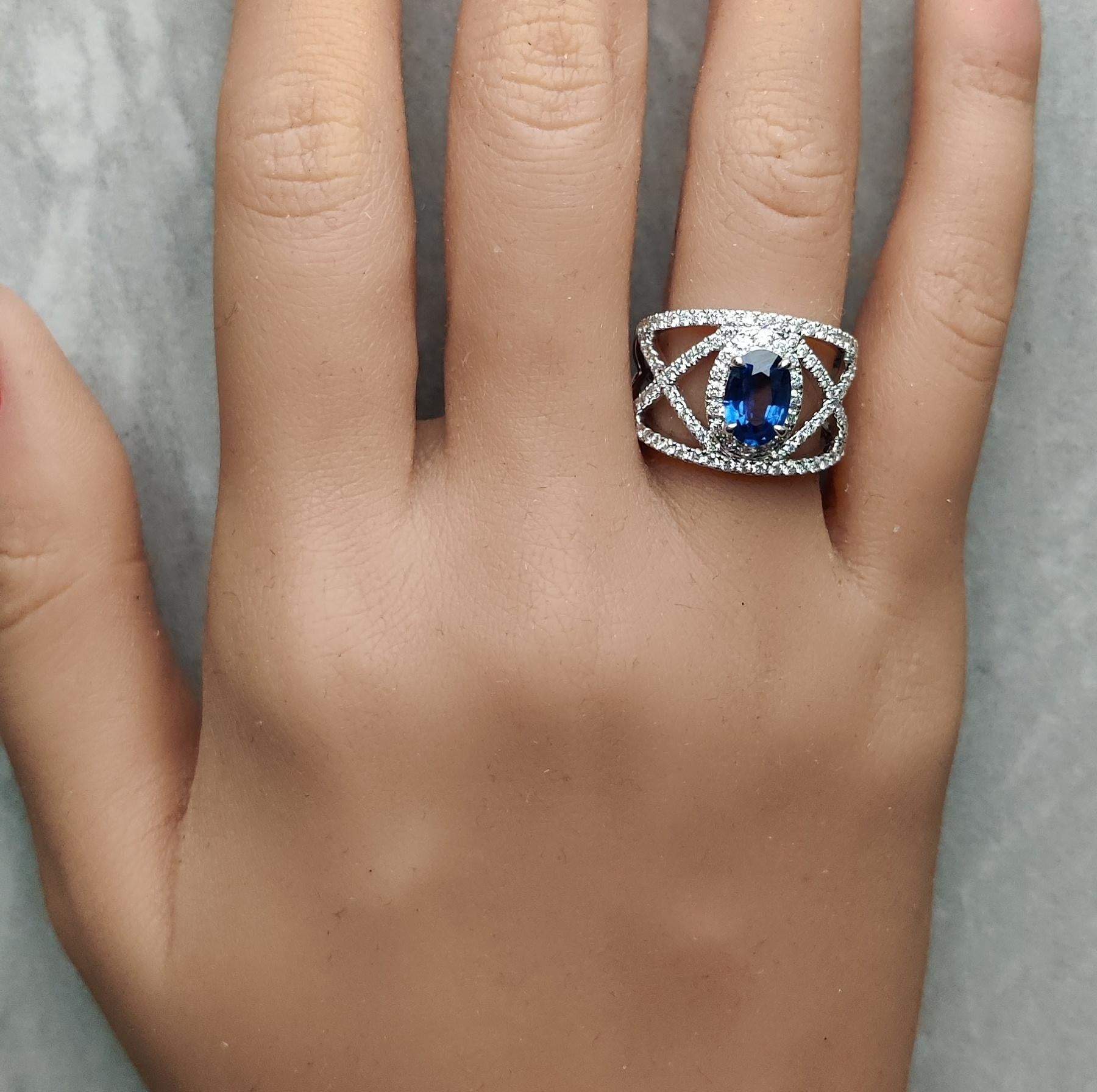 Natural Blue Oval Sapphire and White Diamond 2.47 Carat TW Gold Cocktail Ring