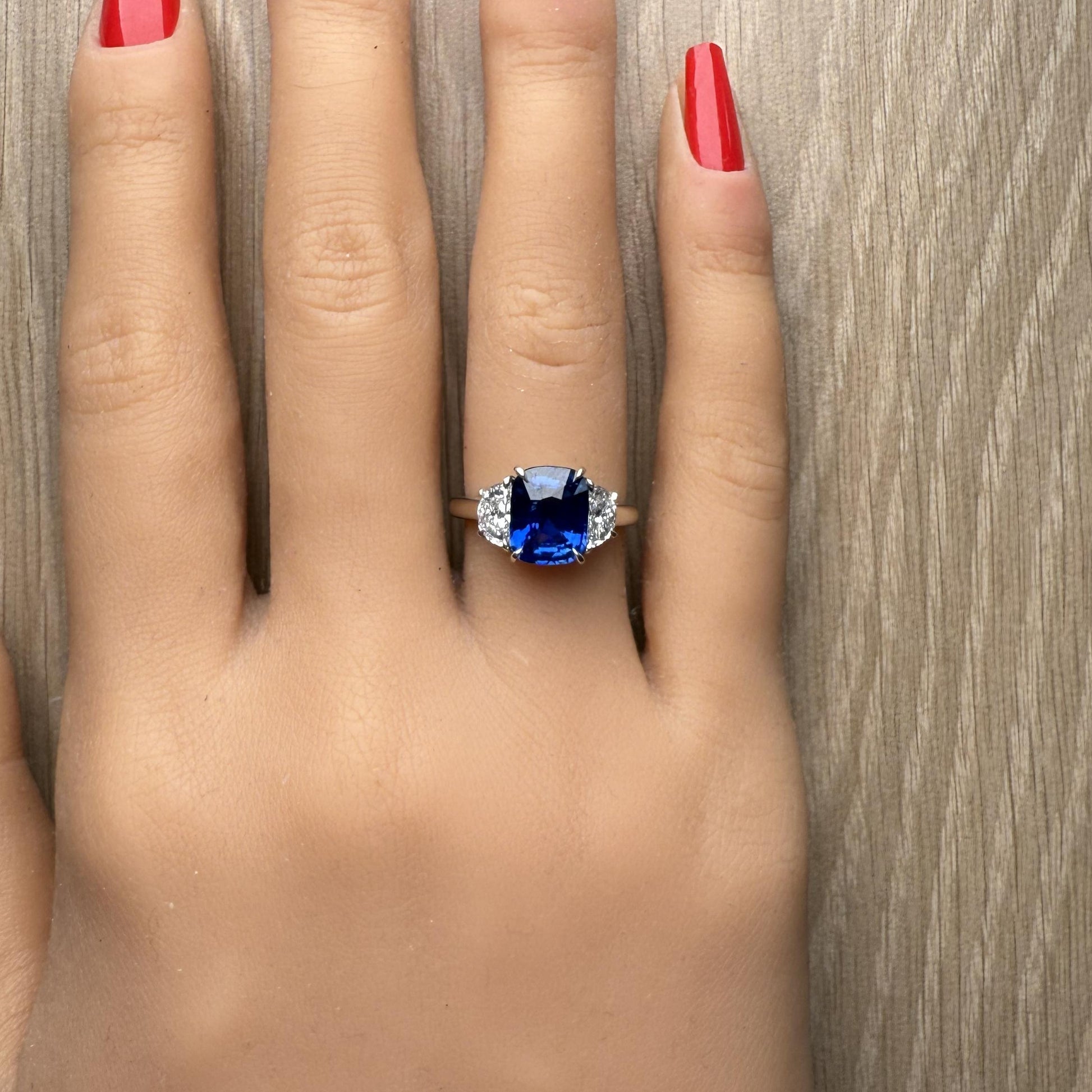 GIA Certified Blue Cushion Sapphire and White Diamond 3.70 Carat TW Plat Ring
