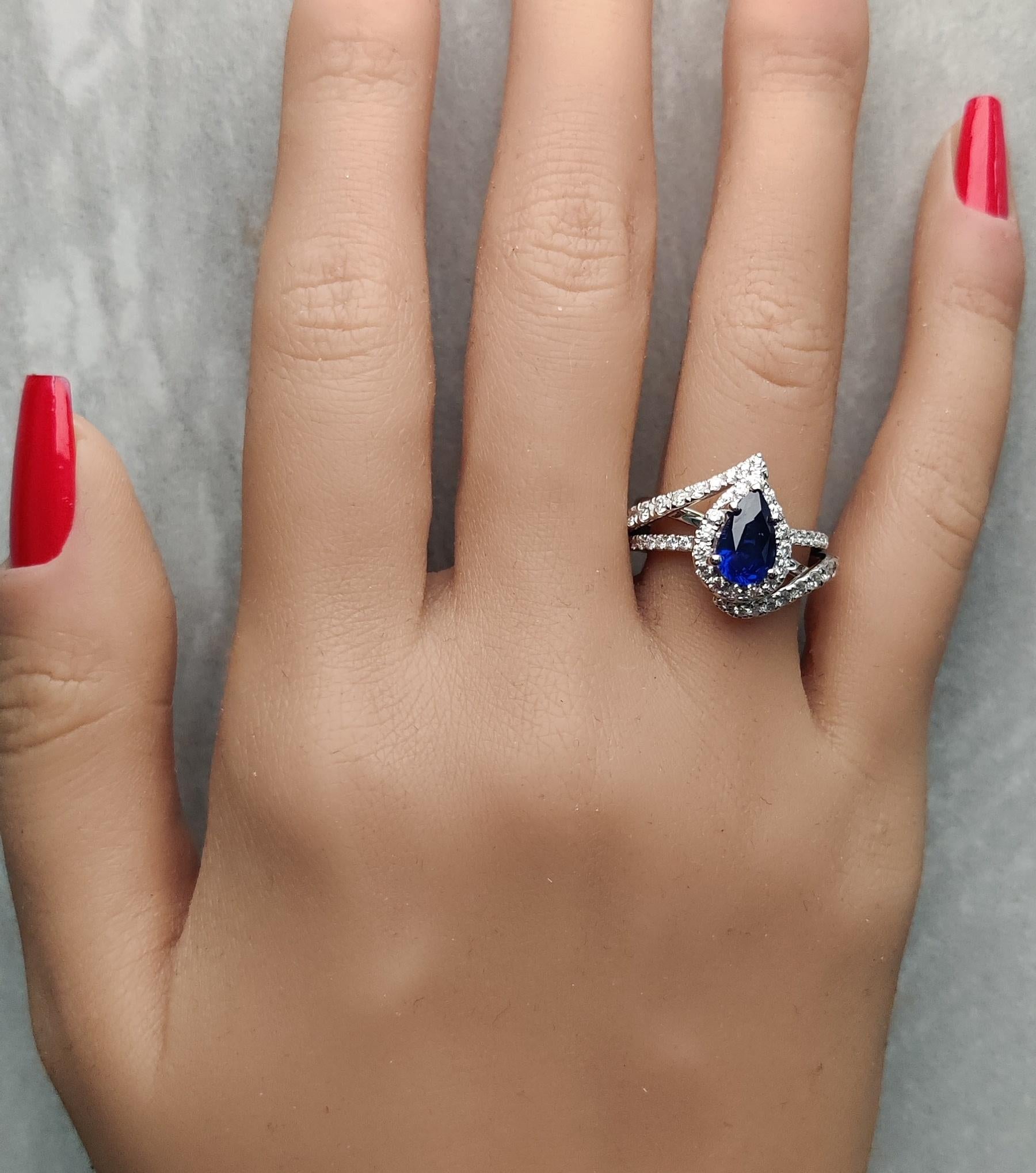 Natural Blue Pear Sapphire and White Diamond 2.76 Carat TW Gold Cocktail Ring