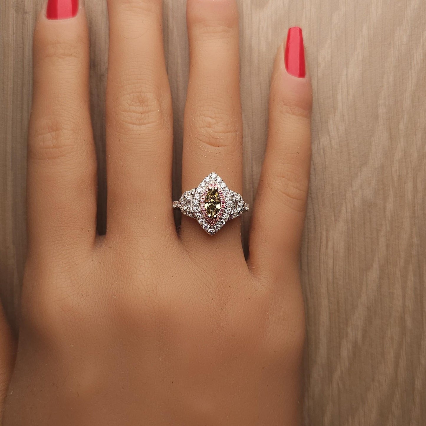 GIA Fancy Deep Brownish Greenish Yellow Marquise Diamond 1.60 Carat TW Gold Ring