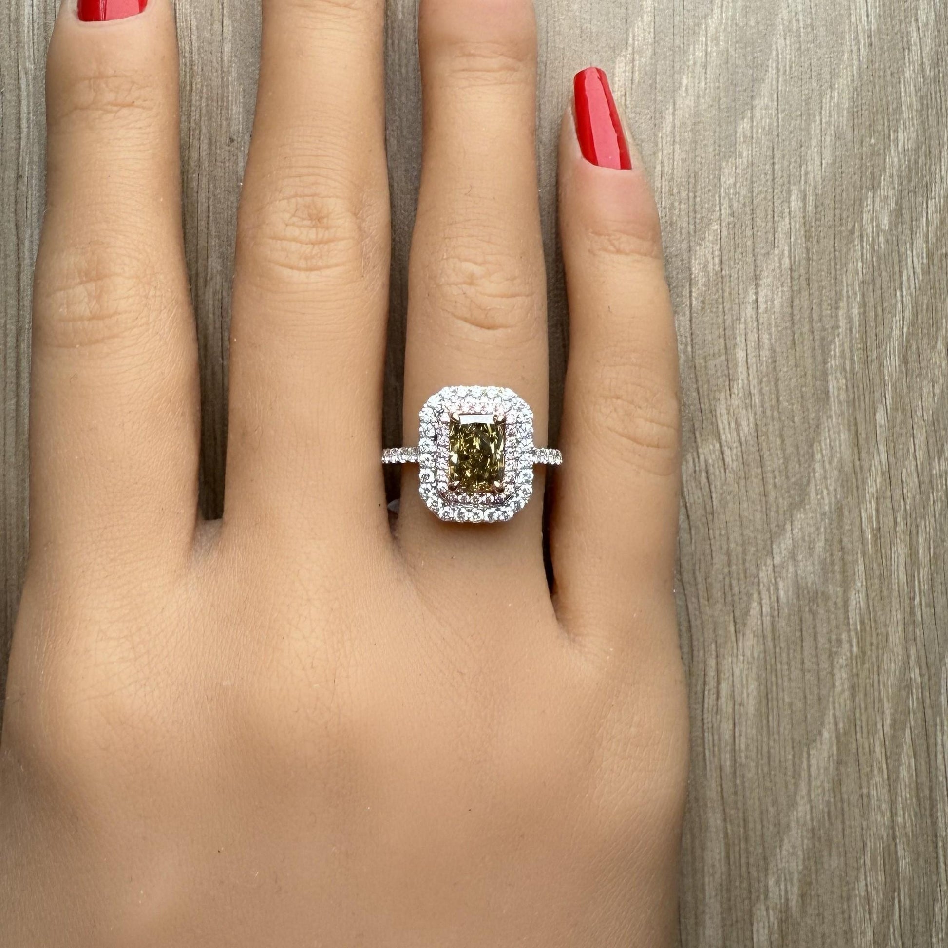 GIA Natural Fancy Dark Brown-Greenish Yellow Radiant Diamond 2.30 CTS Gold Ring