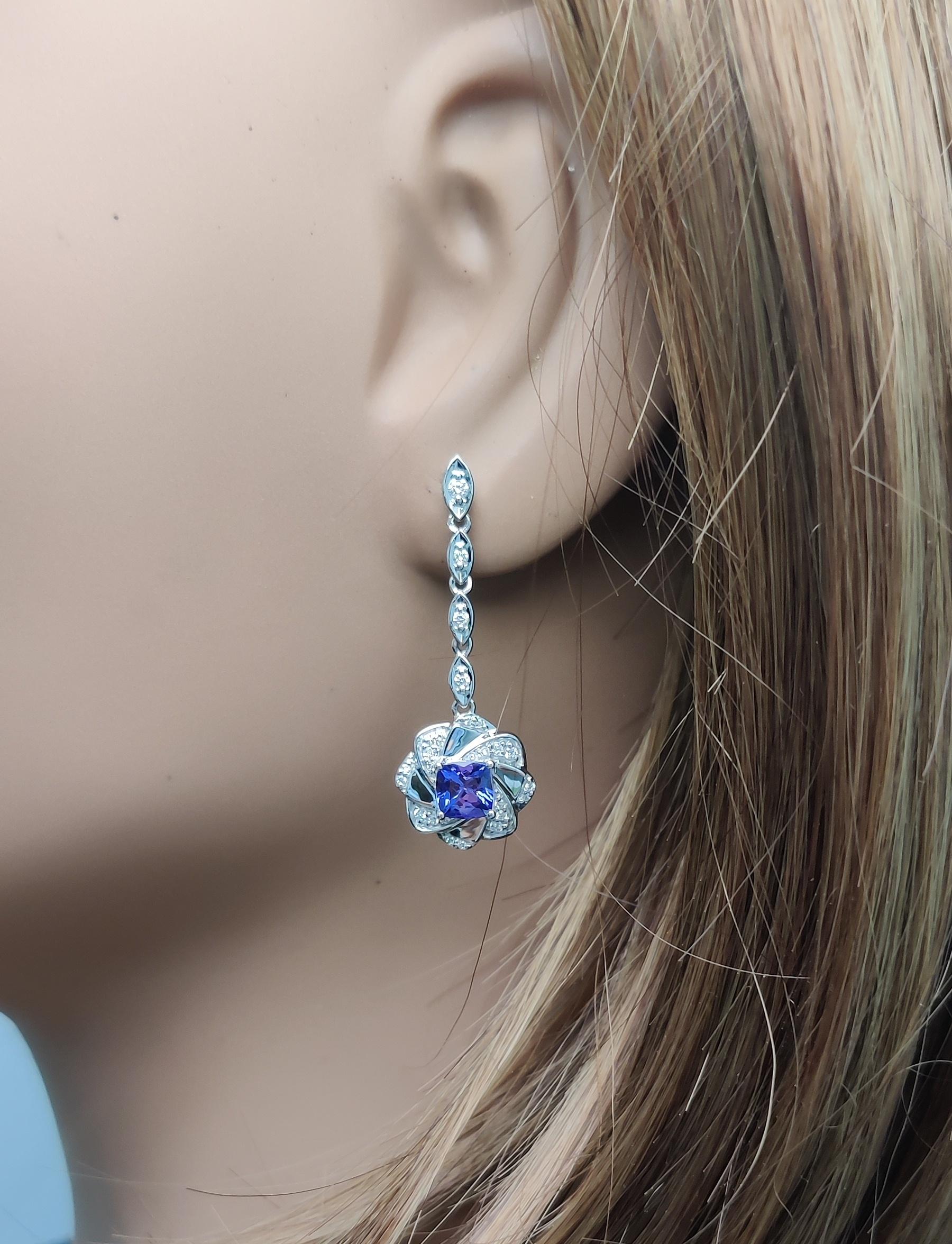 Natural Blue Cushion Tanzanite and White Diamond 1.63 Carat TW Gold Earrings