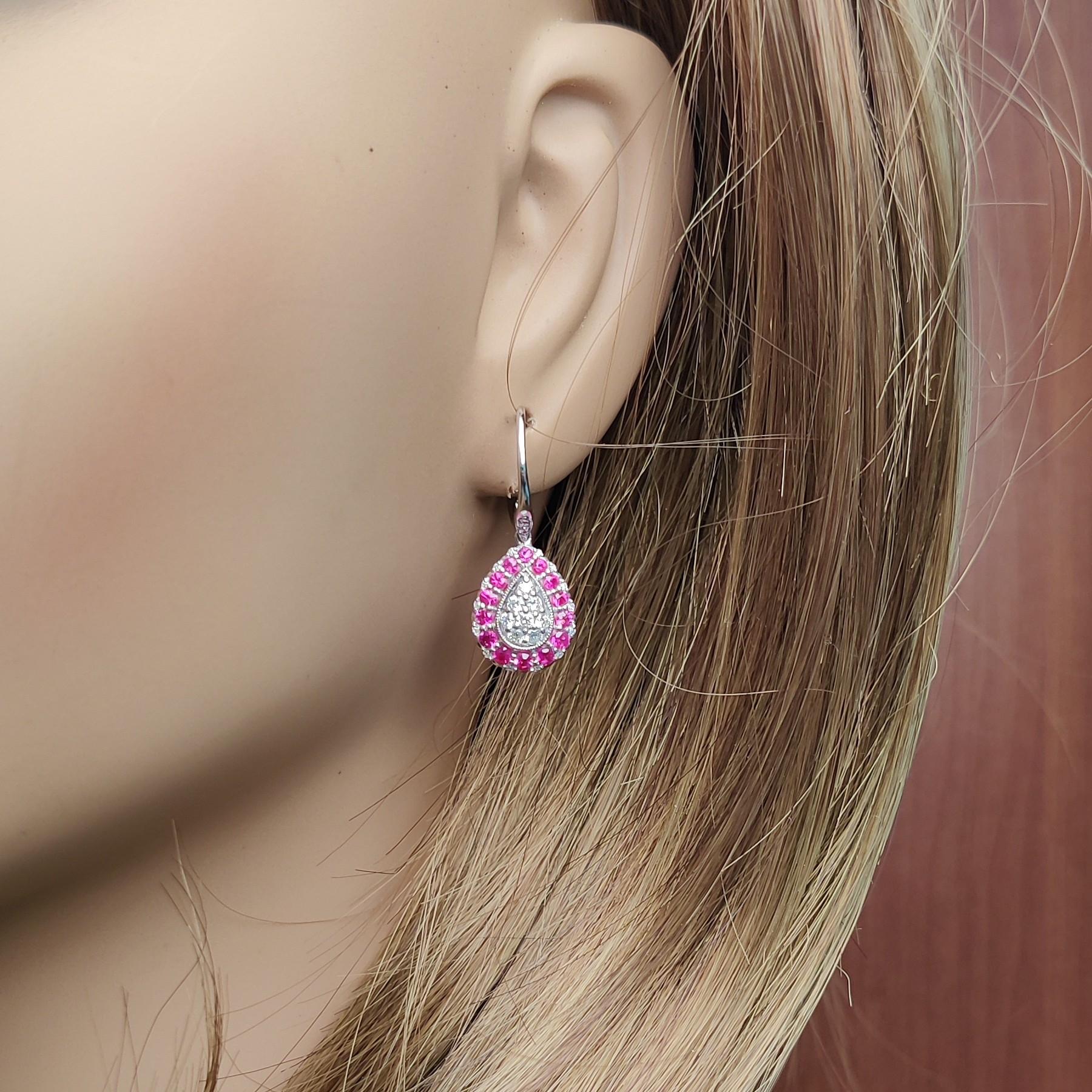 Natural Red Round Ruby and White Diamond 1.34 Carat TW White Gold Drop Earrings