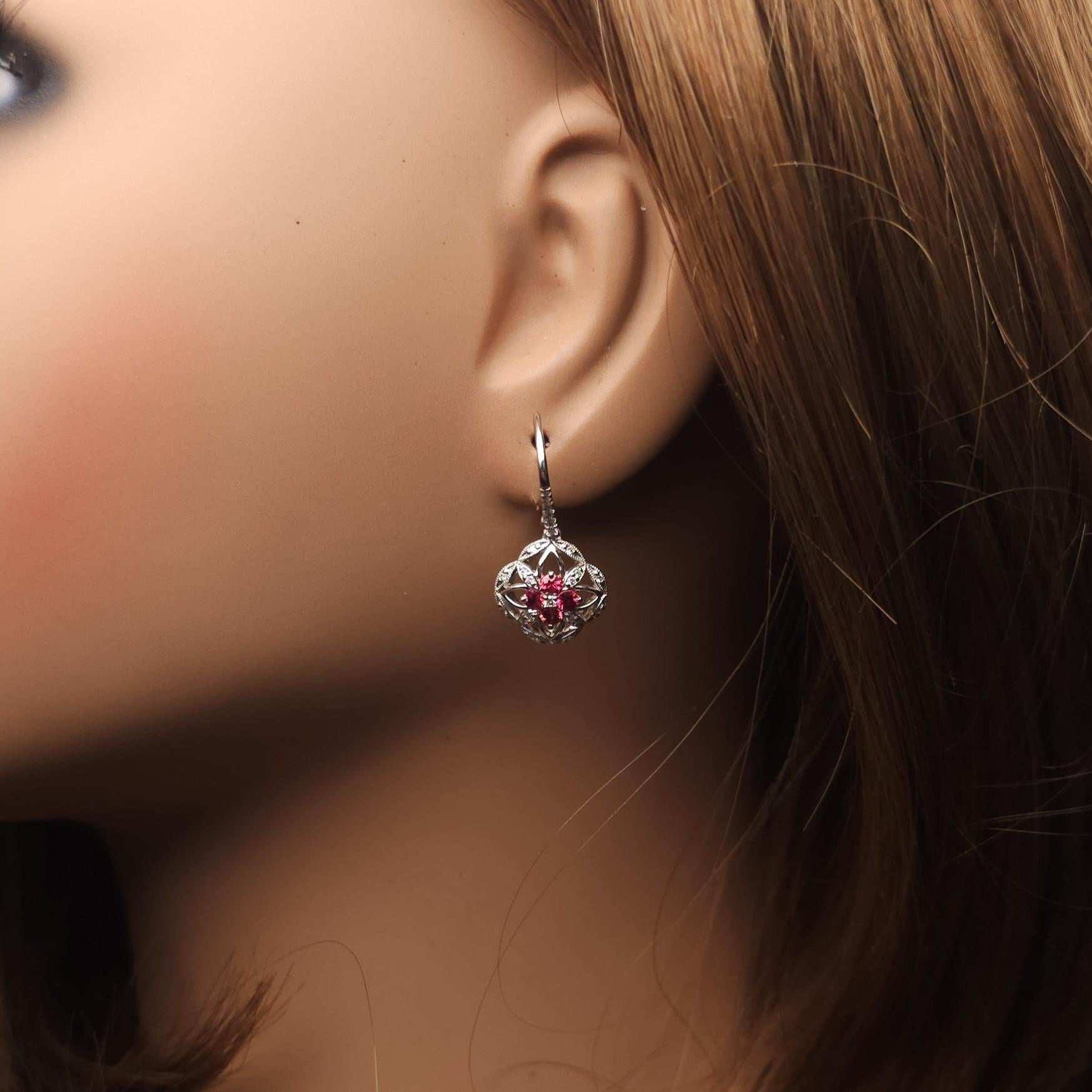 Natural Red Round Ruby and White Diamond 0.79 Carat TW White Gold Drop Earrings