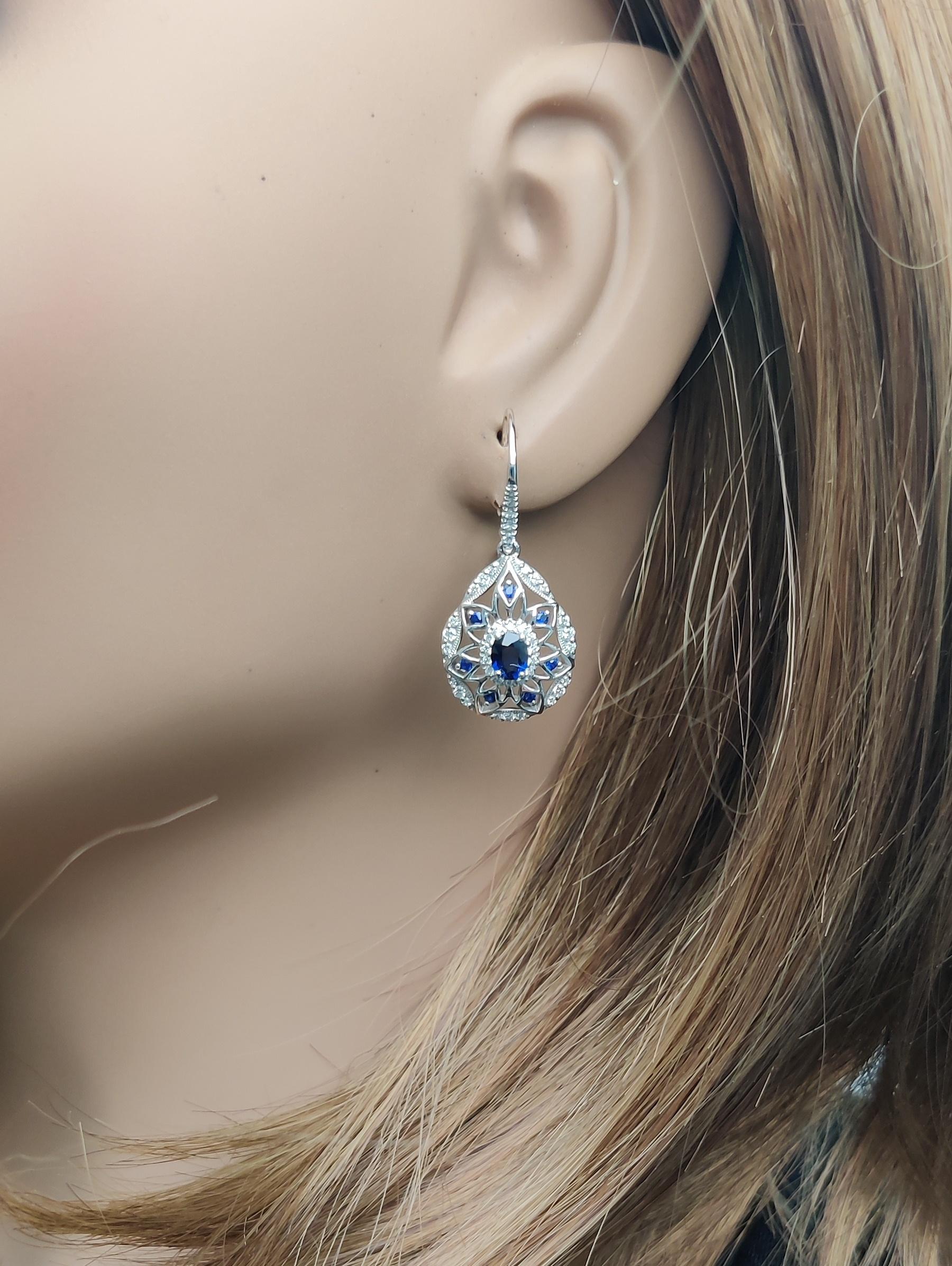 Natural Blue Oval Sapphire and White Diamond 1.67 Carat TW Gold Drop Earrings