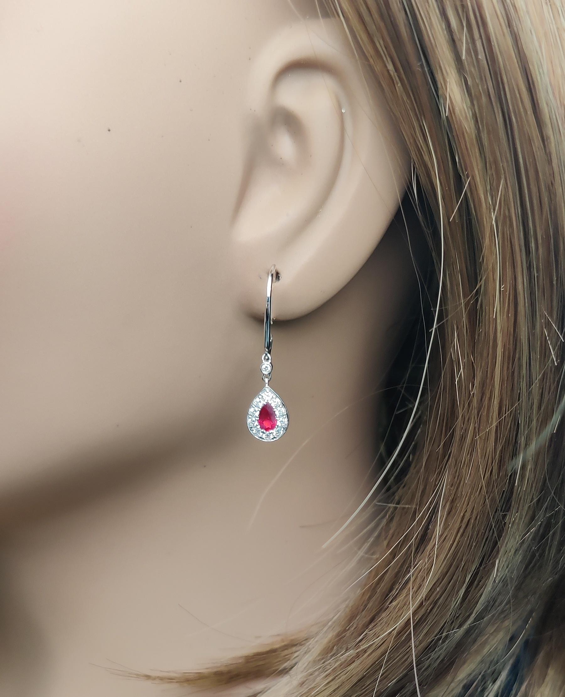 Natural Red Pear Ruby and White Diamond 0.82 Carat TW Gold Drop Earrings