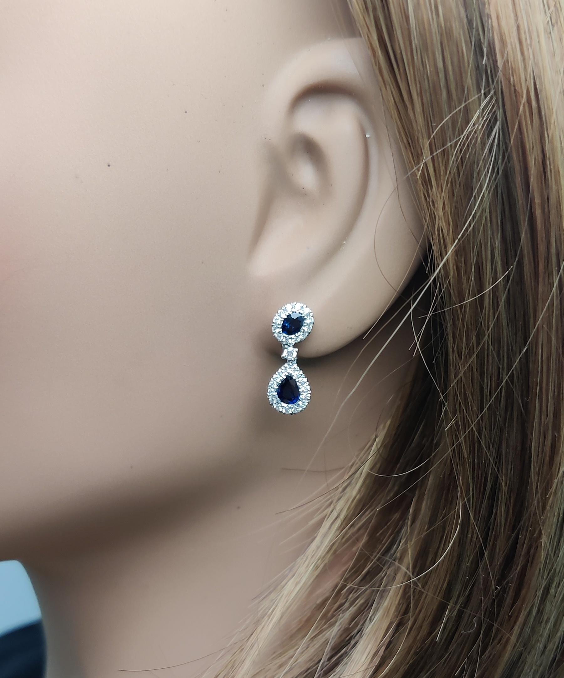 Natural Blue Pear Sapphire and White Diamond 1.66 Carat TW Gold Drop Earrings