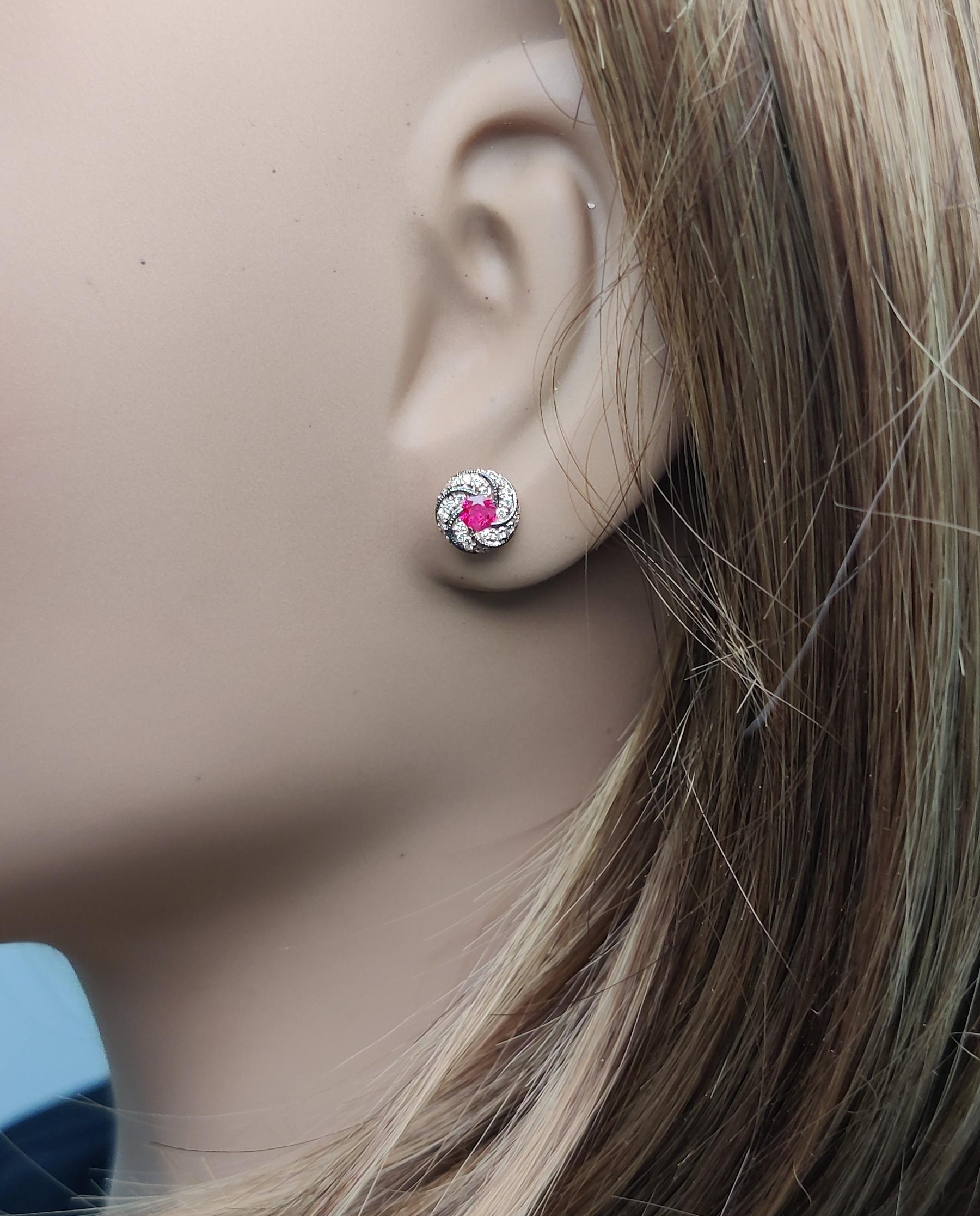Natural Red Round Ruby and White Diamond 0.49 Carat TW Rose Gold Stud Earrings