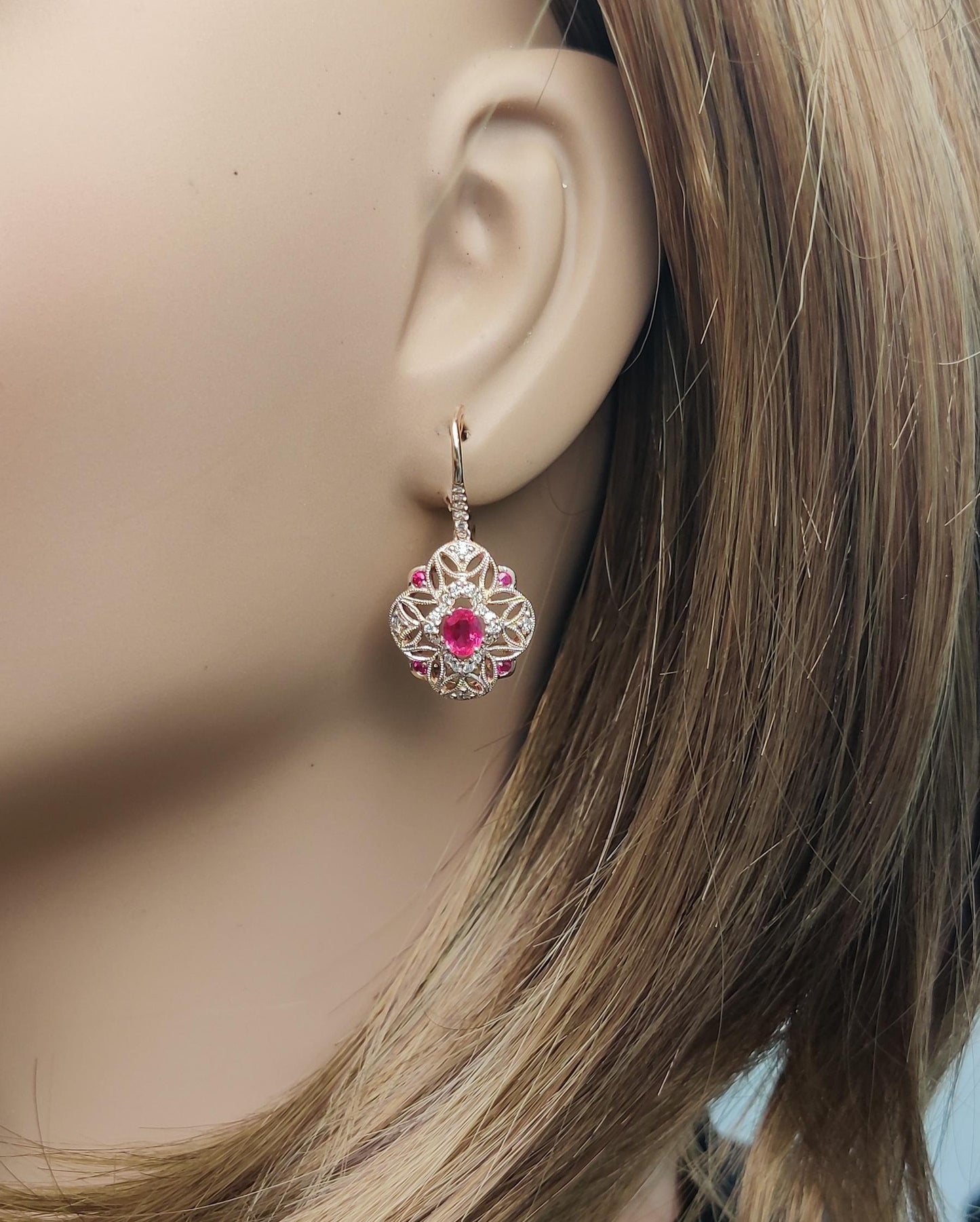 Natural Red Oval Ruby and White Diamond 1.46 Carat TW Gold Drop Earrings