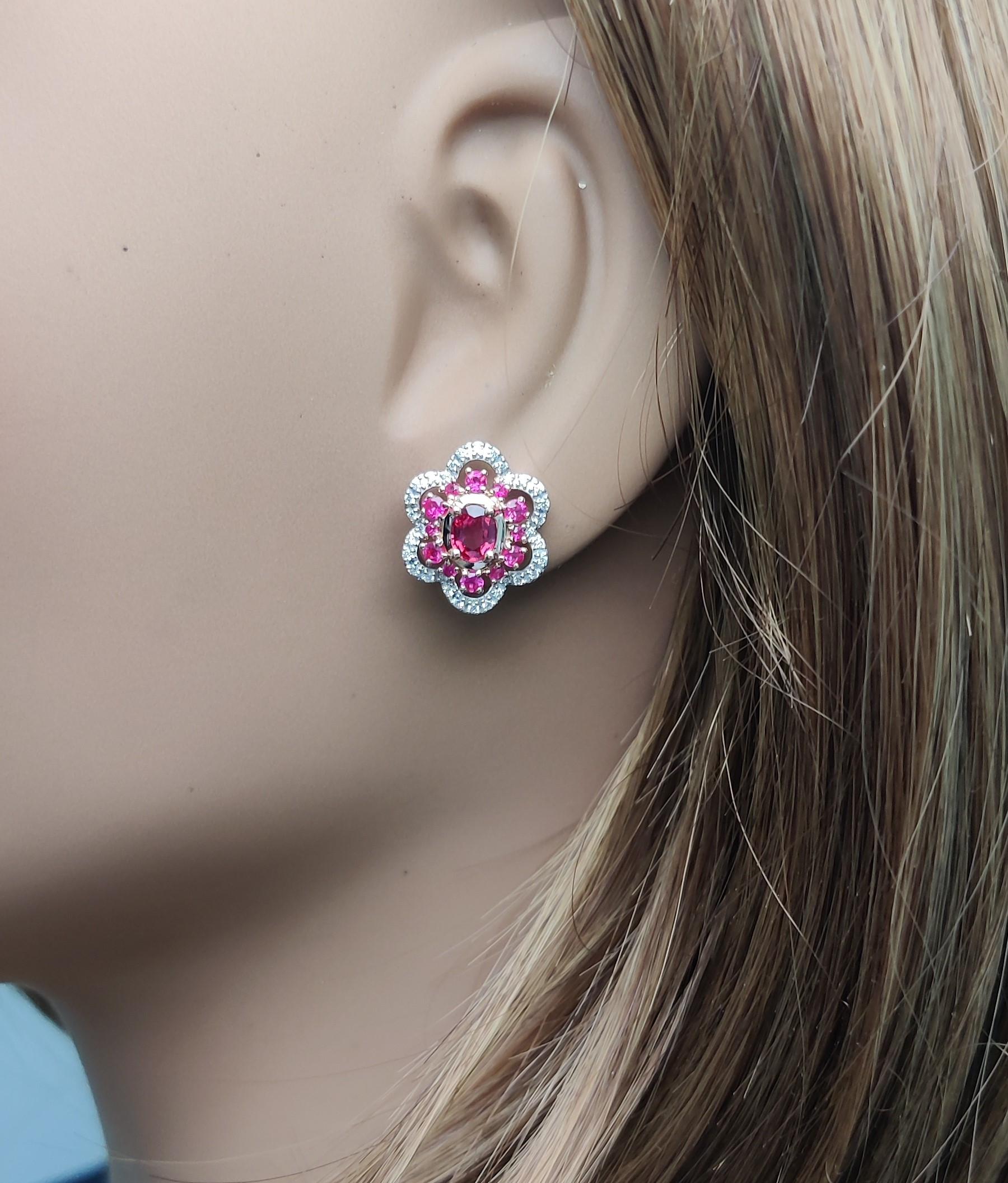 Natural Red Oval Ruby and White Diamond 1.68 Carat TW Gold Stud Earrings