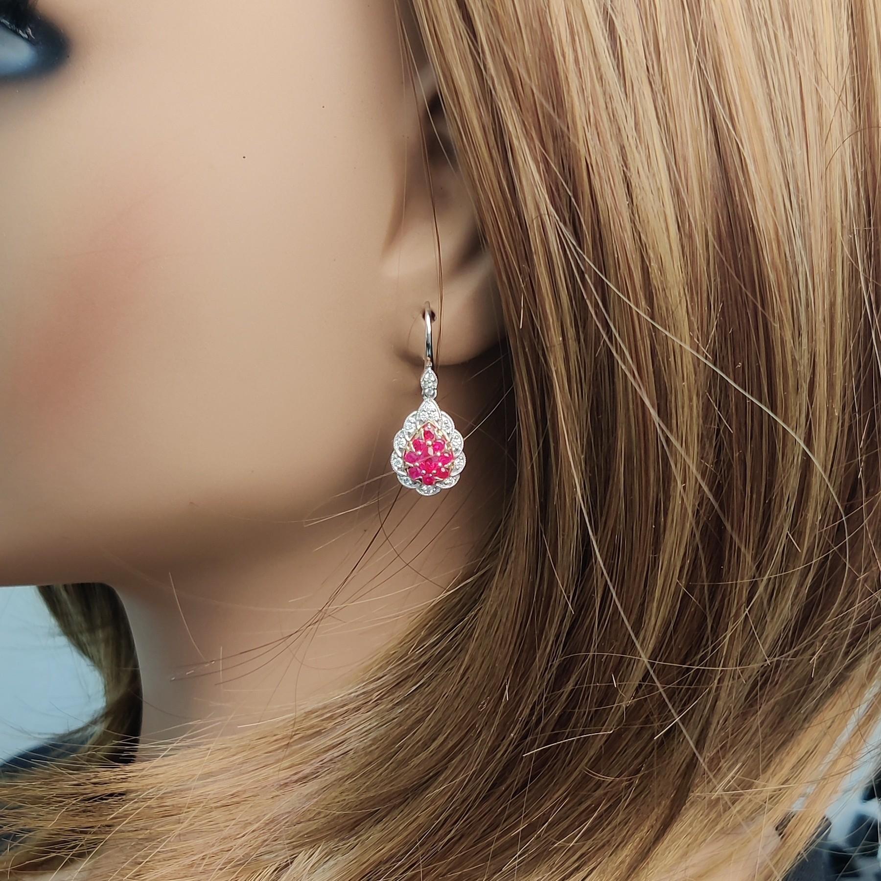 Natural Red Pear Ruby and White Diamond 1.37 Carat TW Gold Drop Earrings