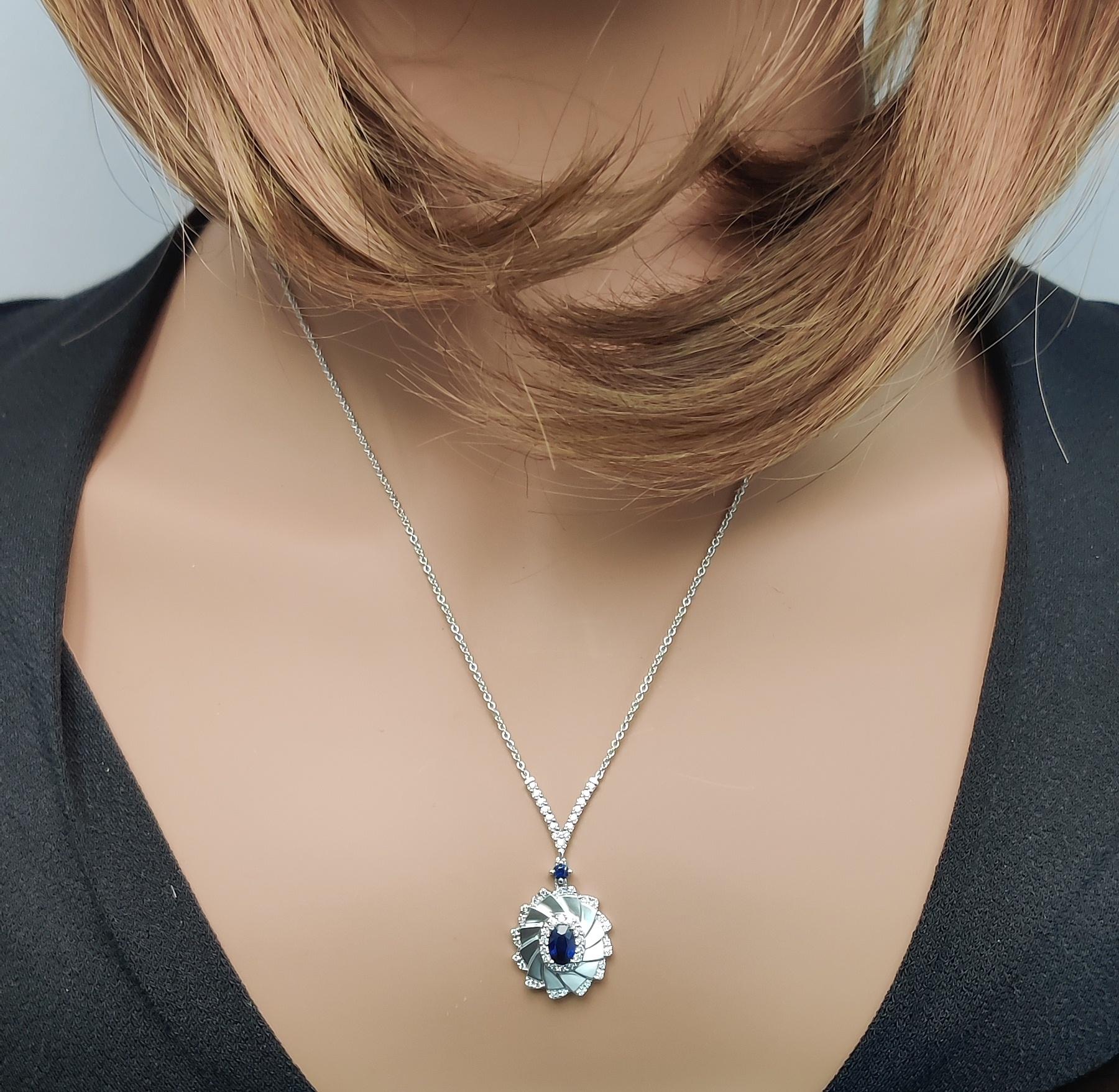 Natural Blue Oval Sapphire and White Diamond 0.95 Carat TW White Gold Necklace