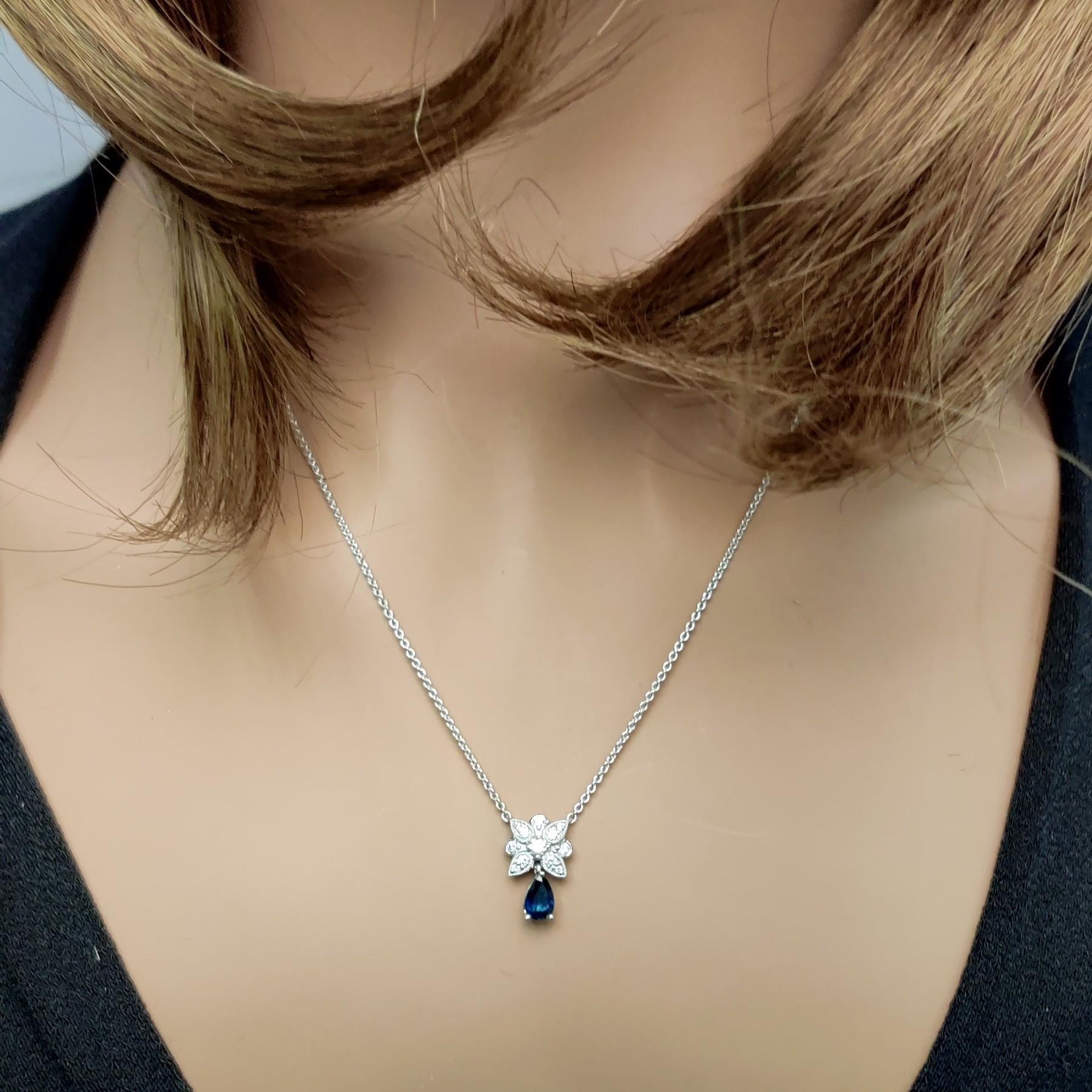 Natural Blue Pear Sapphire and White Diamond 0.57 Carat TW White Gold Necklace