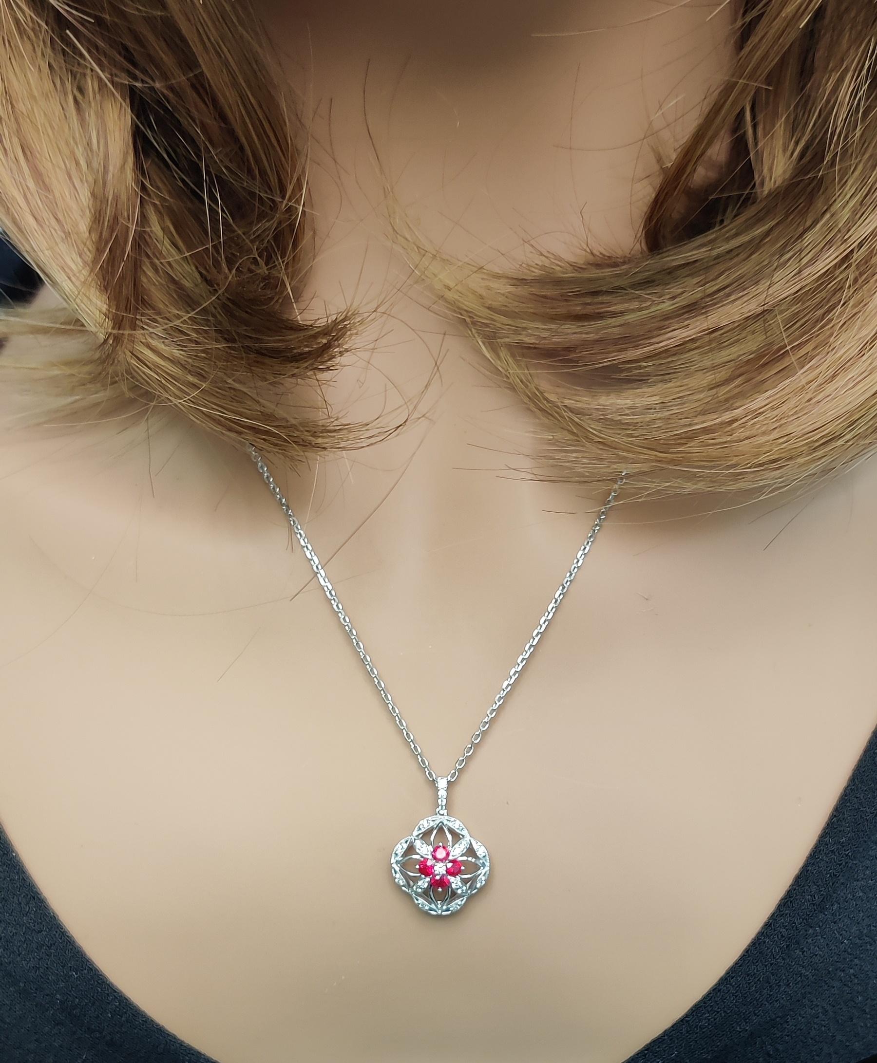 Natural Round Red Ruby and White Diamond .62 Carat TW White Gold Drop Necklace