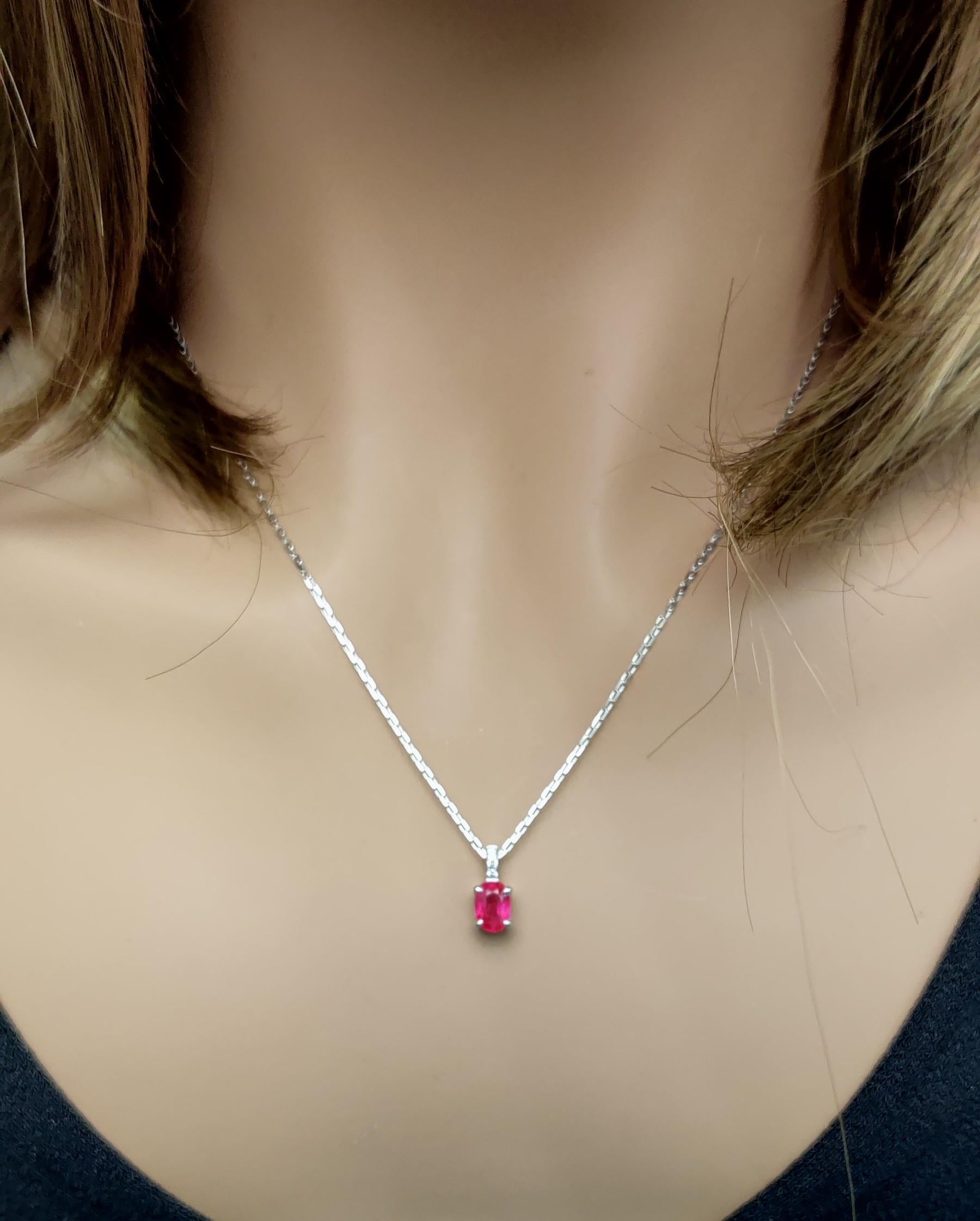 Natural Oval Red Ruby and White Diamond .92 Carat TW Rose Gold Pendant